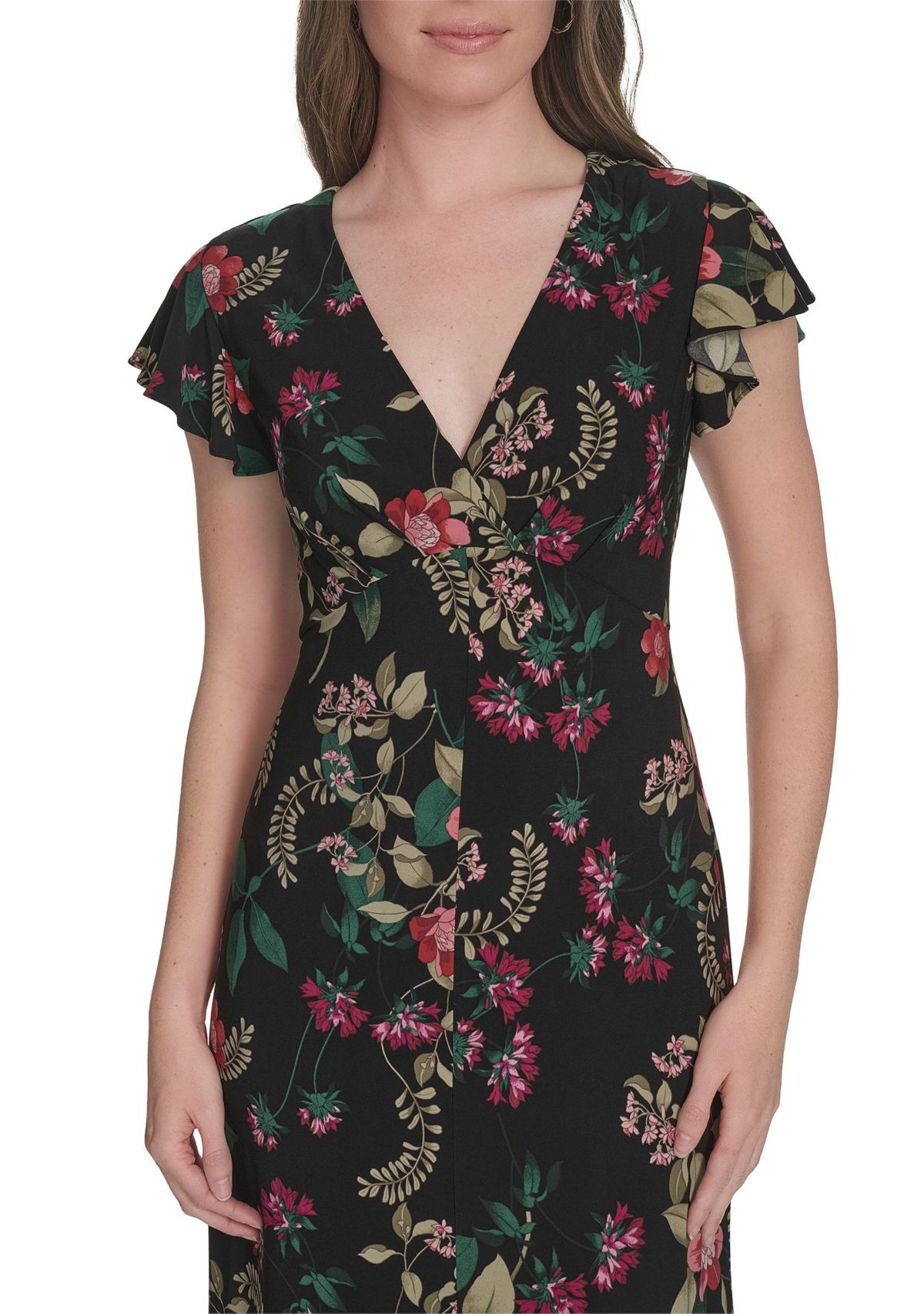 Womens Flutter Sleeve V-Neck Midi Dress