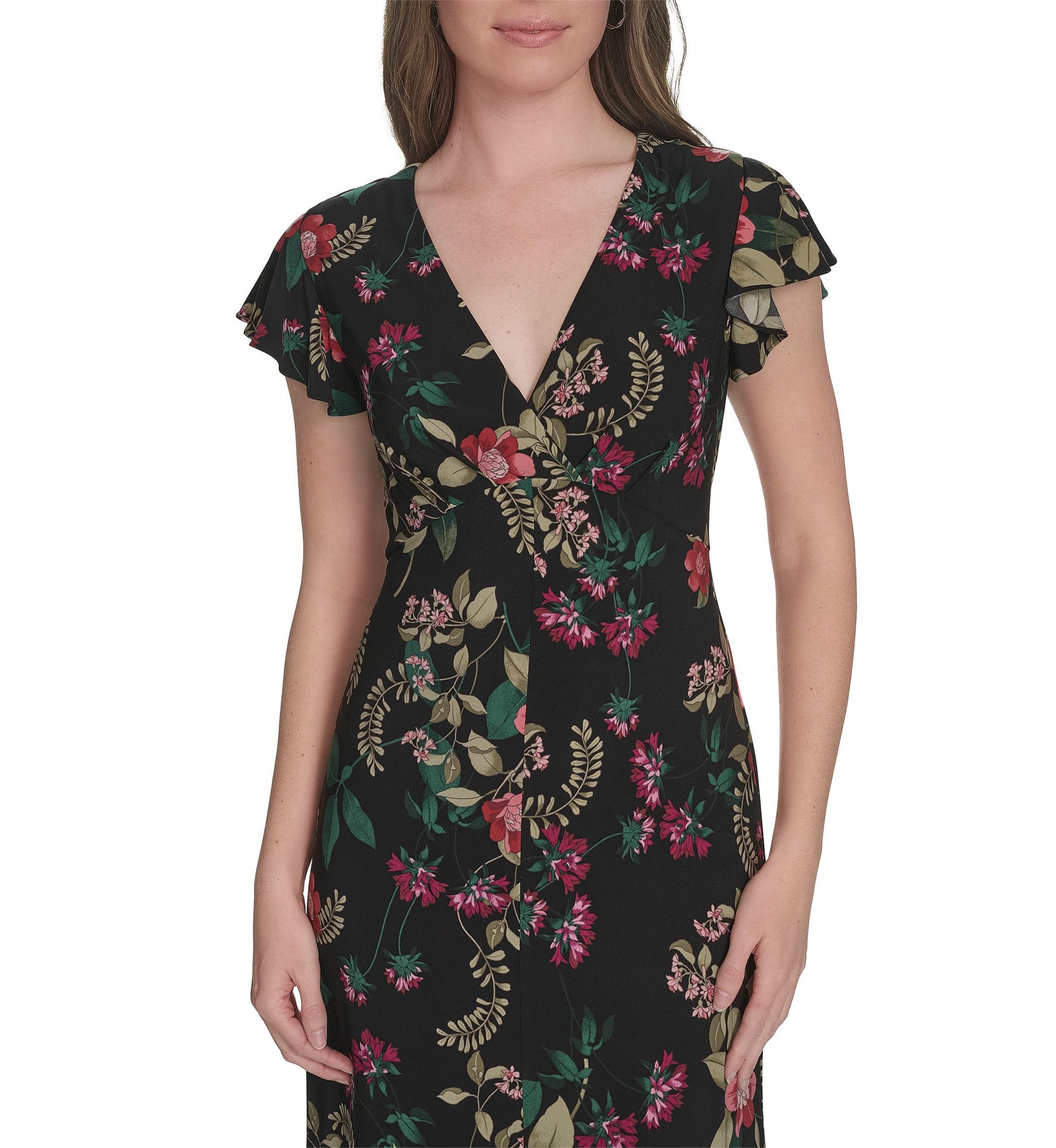 Womens Flutter Sleeve V-Neck Midi Dress