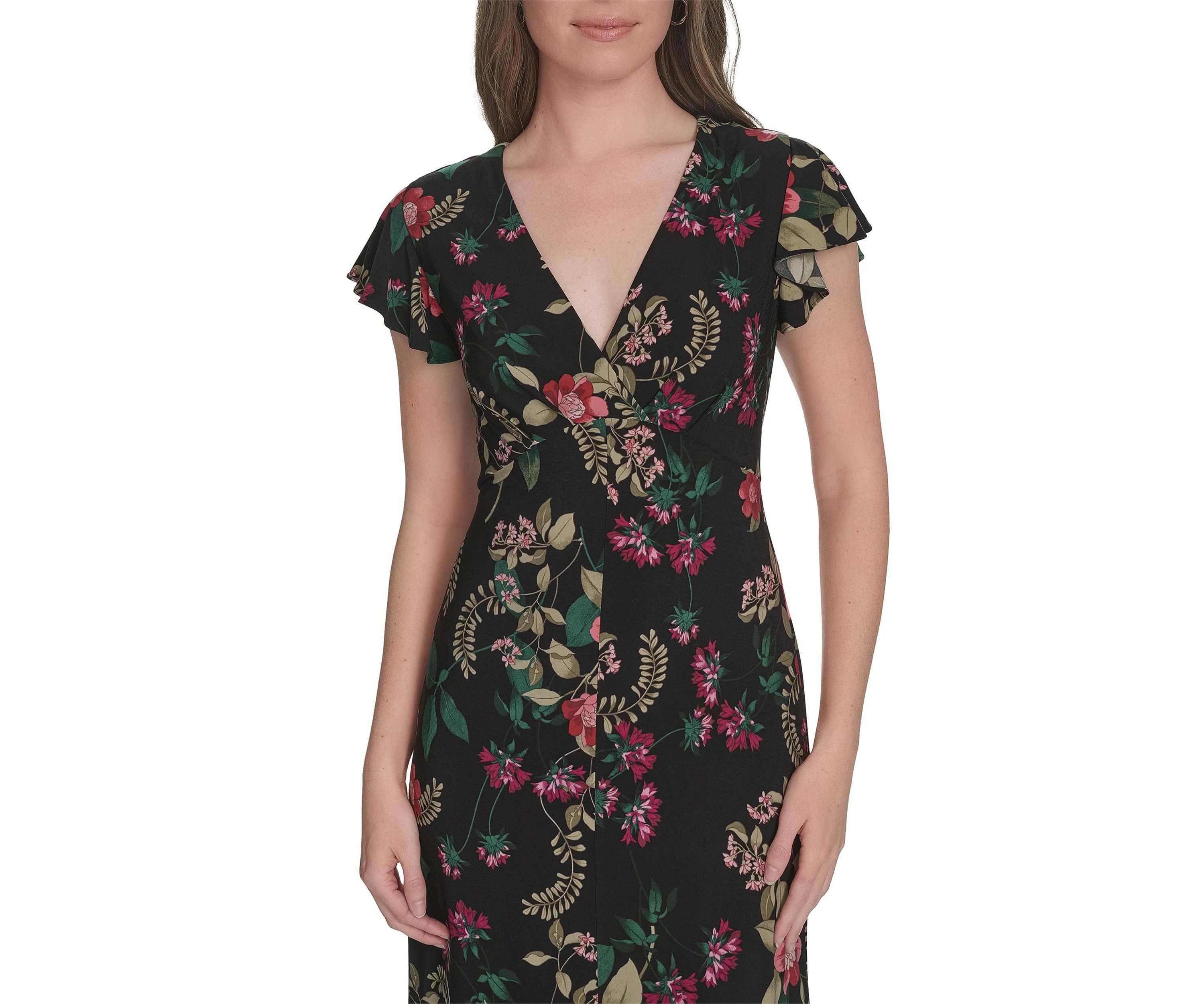 Womens Flutter Sleeve V-Neck Midi Dress