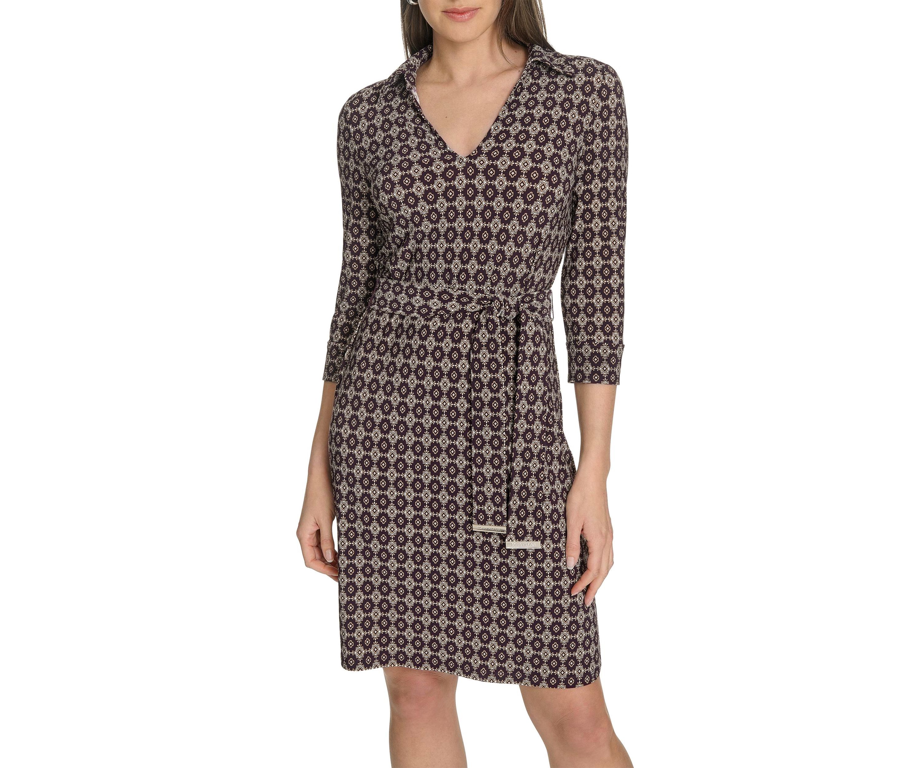Womens 3/4 Length Sleeve Collared Fit and Flare Dress 