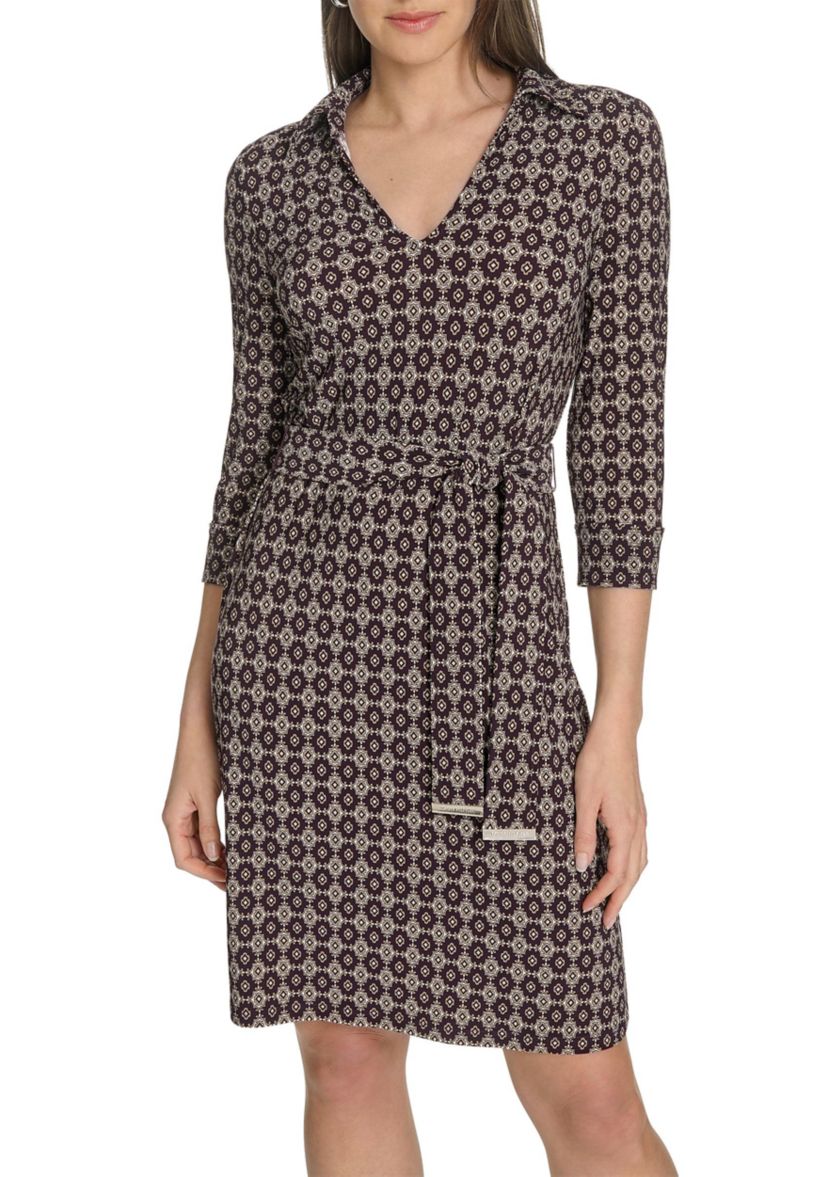 Womens 3/4 Length Sleeve Collared Fit and Flare Dress 