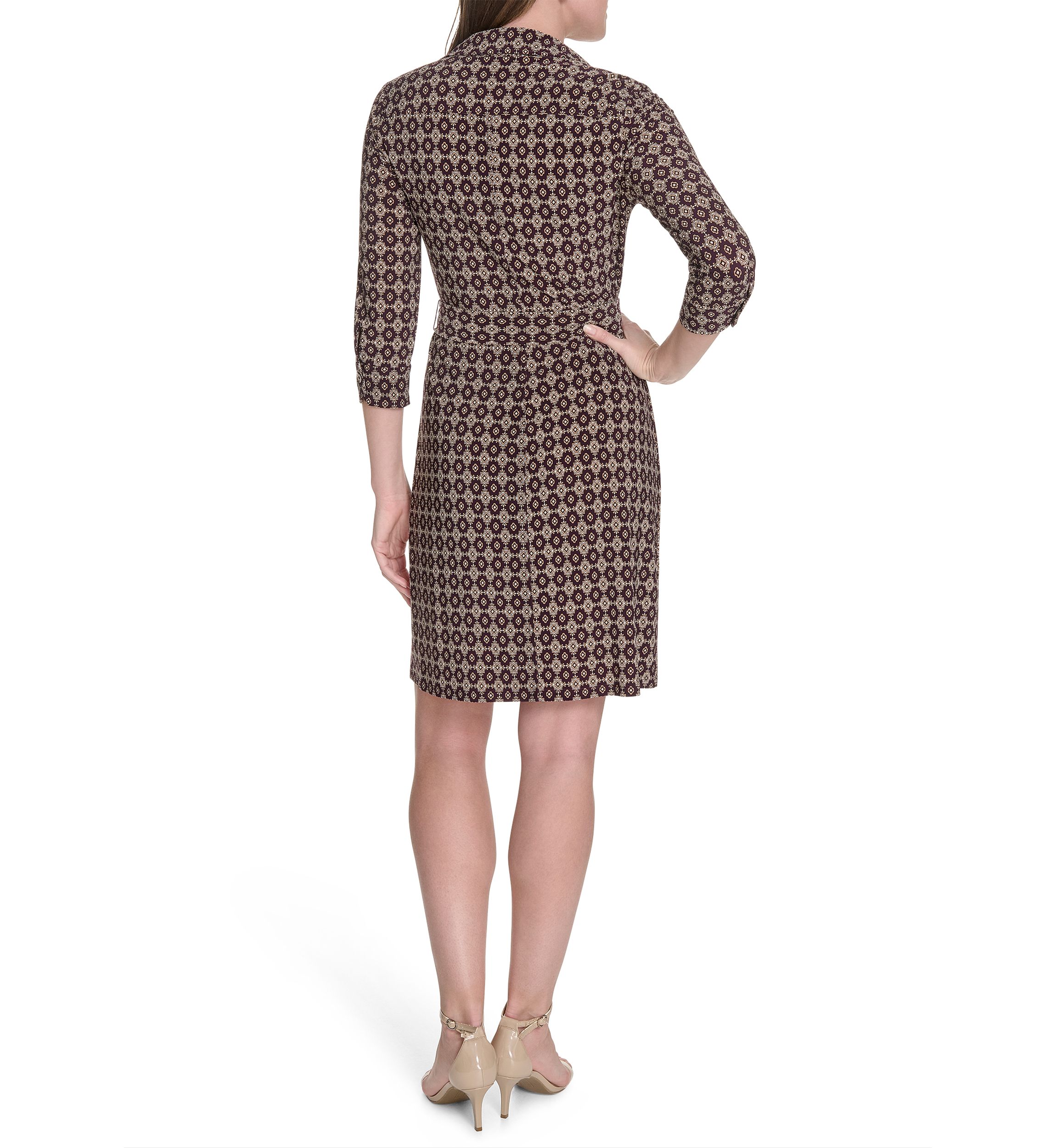 Womens 3/4 Length Sleeve Collared Fit and Flare Dress 