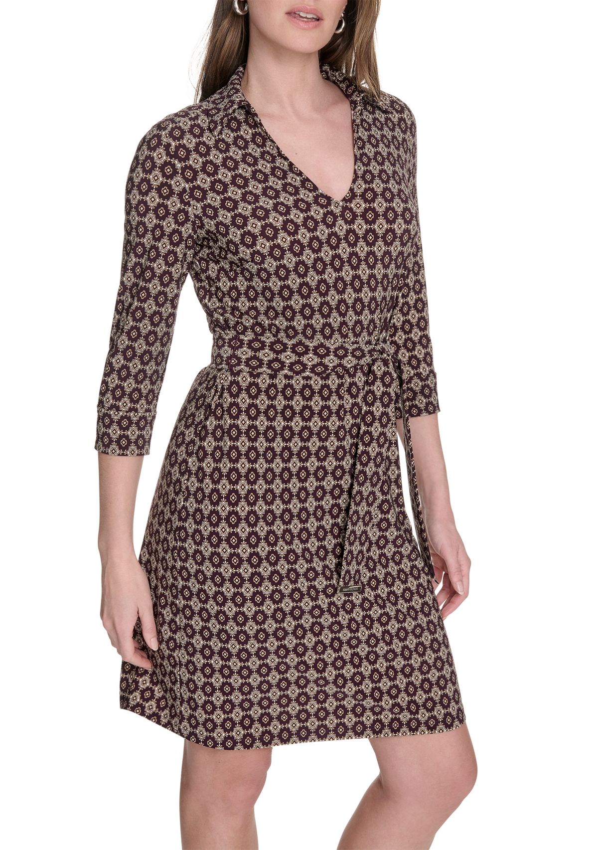 Womens 3/4 Length Sleeve Collared Fit and Flare Dress 