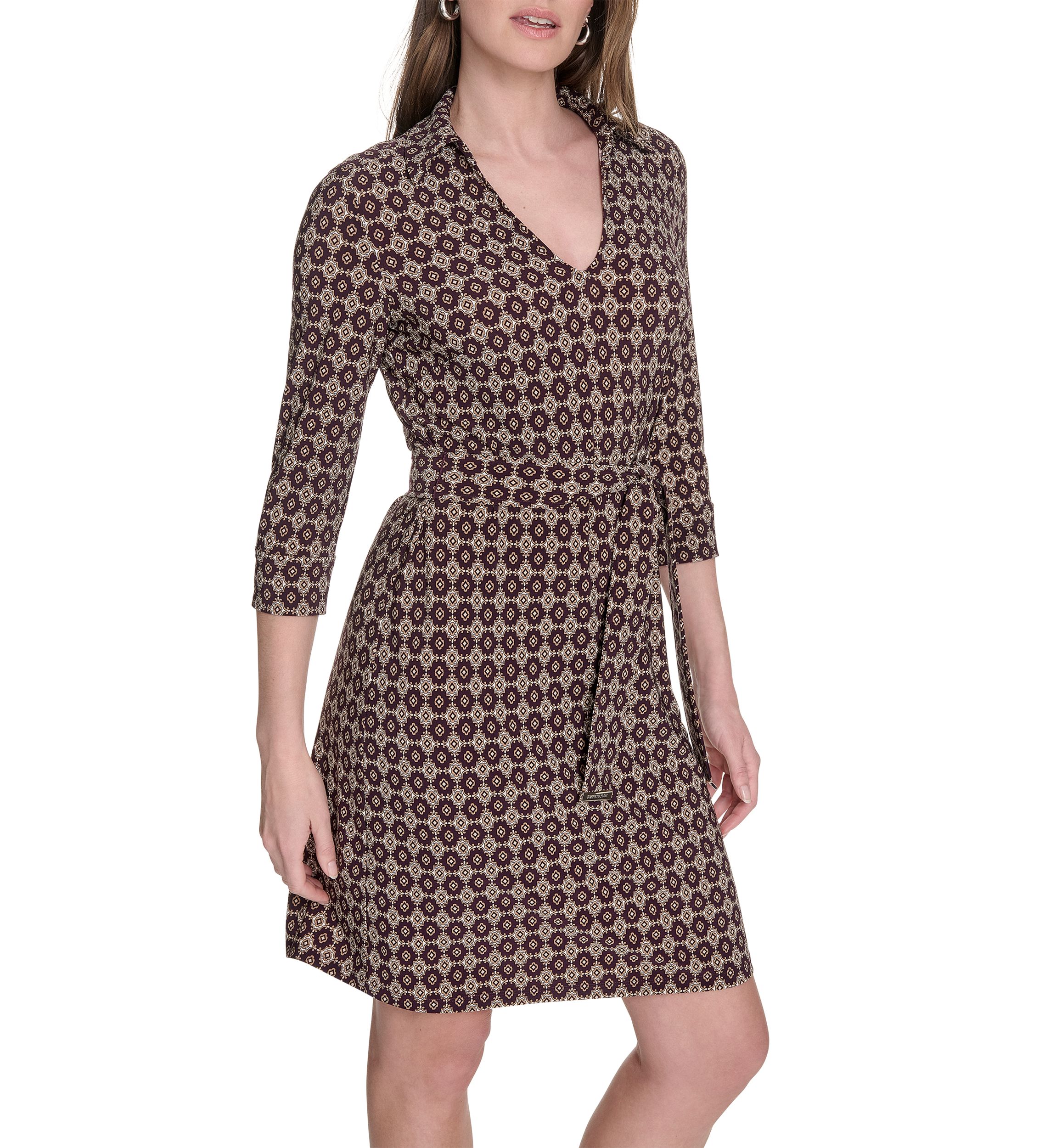 Womens 3/4 Length Sleeve Collared Fit and Flare Dress 