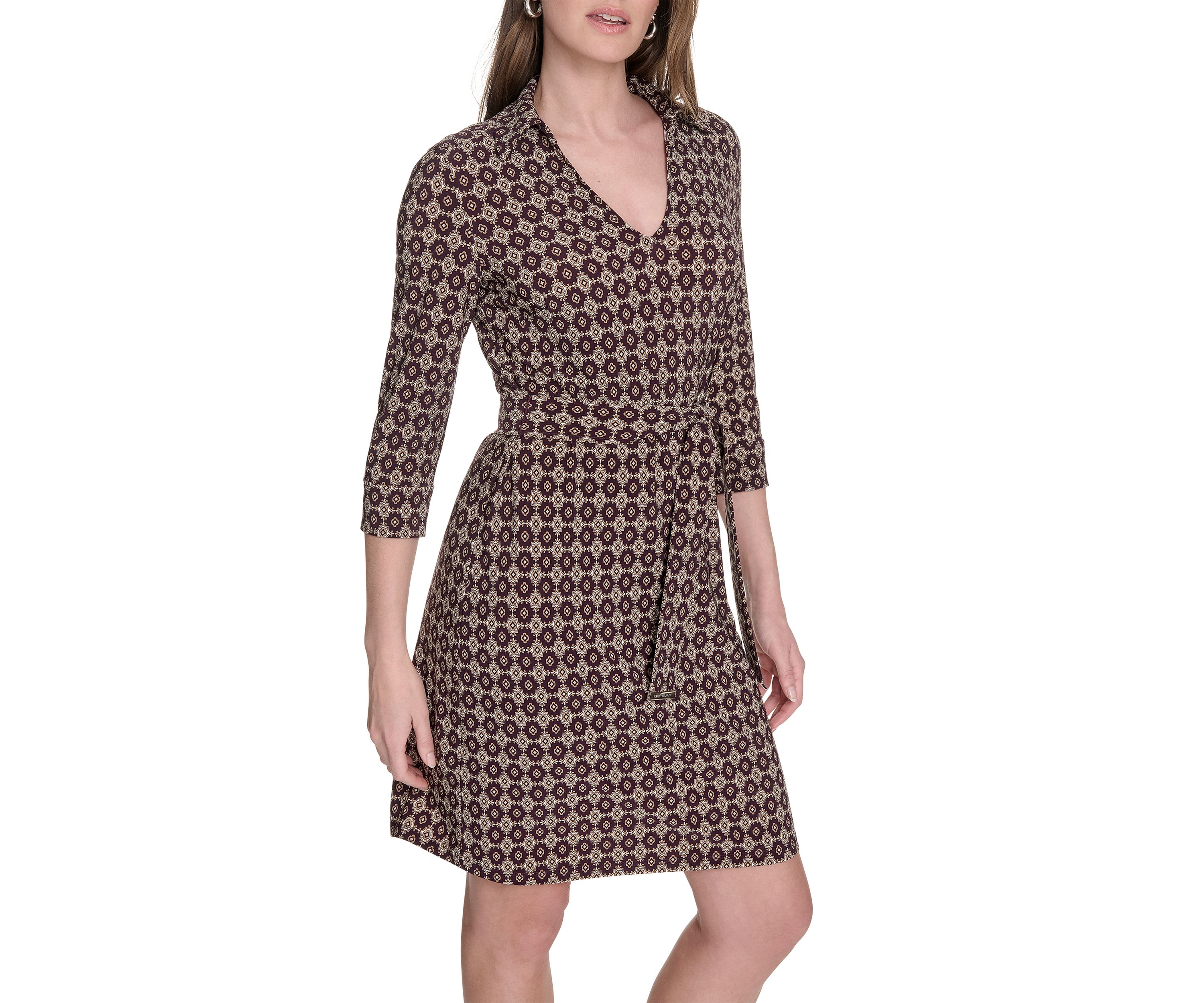 Womens 3/4 Length Sleeve Collared Fit and Flare Dress 