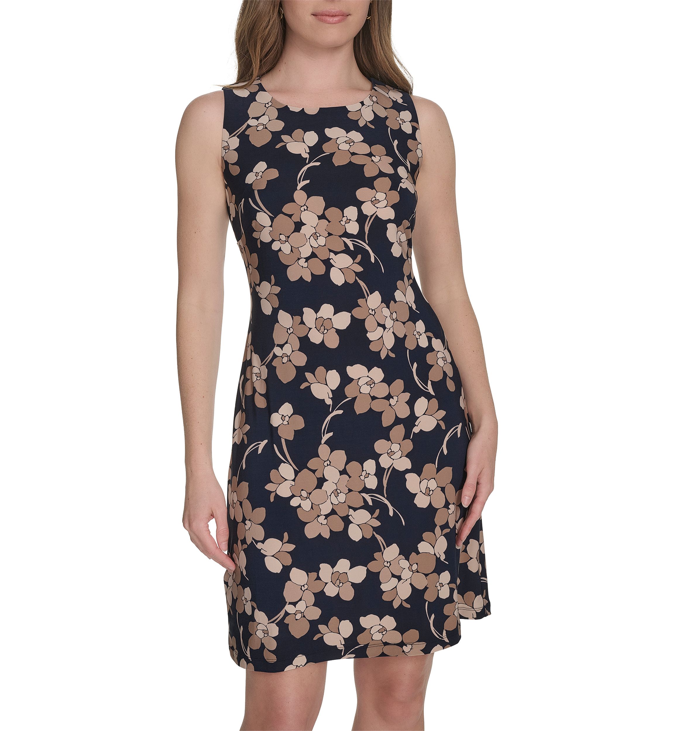 Womens Sleeveless Floral Jersey Printed Sheath Dress