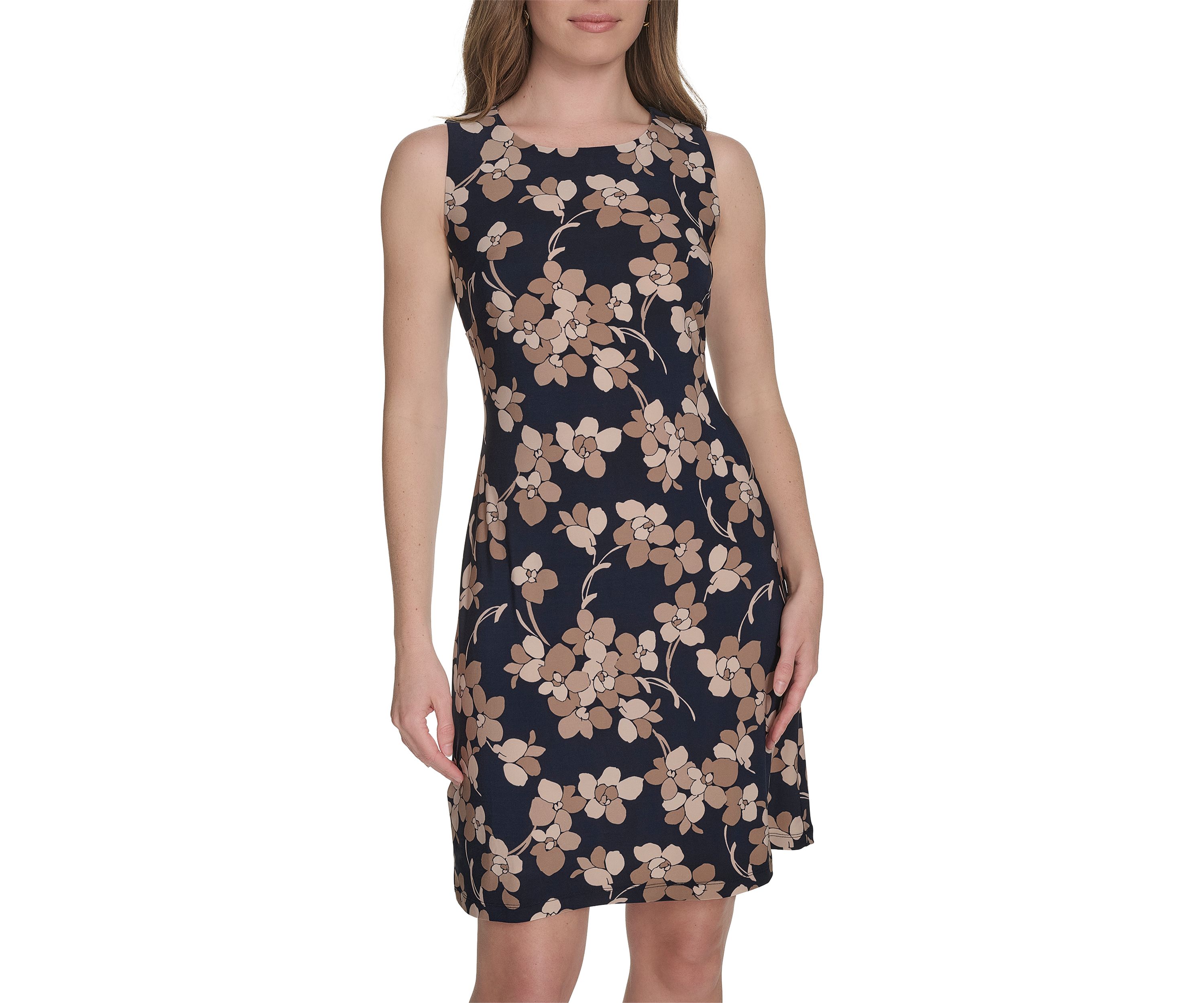 Womens Sleeveless Floral Jersey Printed Sheath Dress