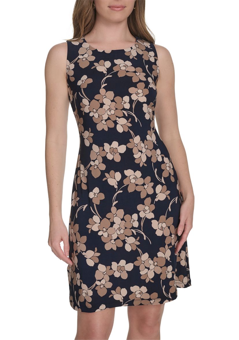 Womens Sleeveless Floral Jersey Printed Sheath Dress