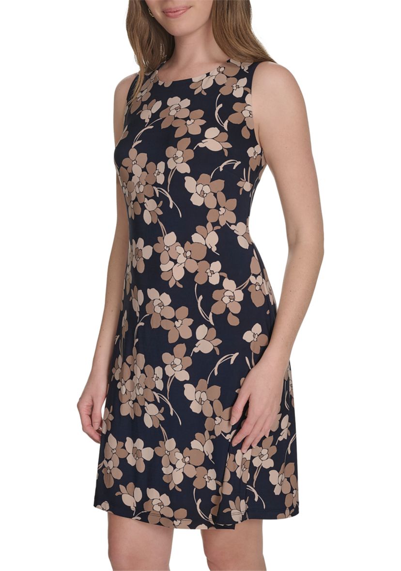 Womens Sleeveless Floral Jersey Printed Sheath Dress
