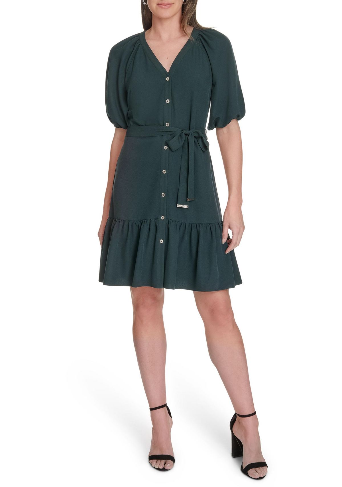 Womens Puff Sleeve Fit and Flare Dress