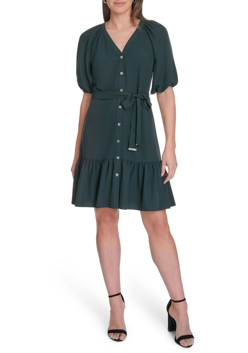 Womens Puff Sleeve Fit and Flare Dress