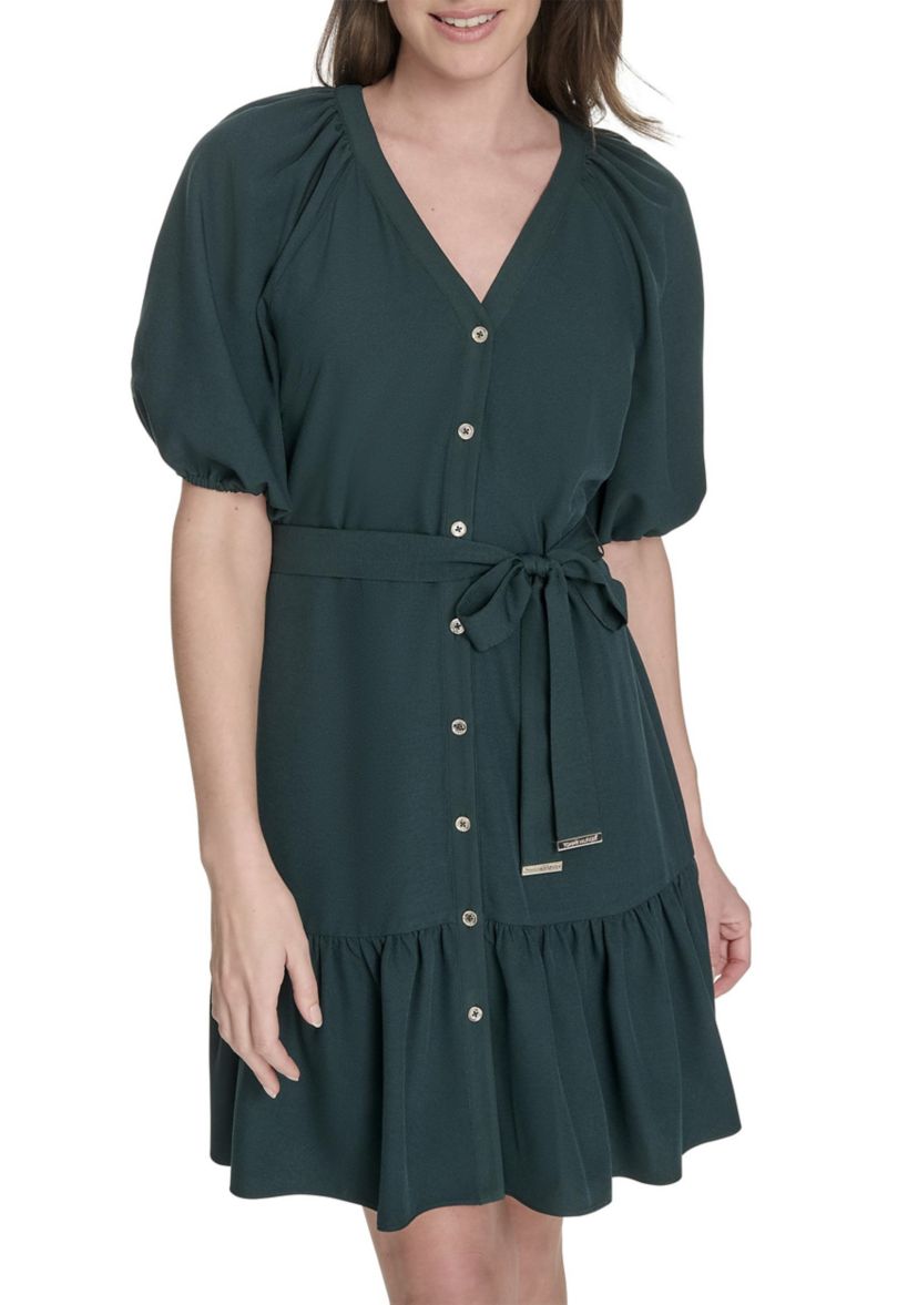 Womens Puff Sleeve Fit and Flare Dress