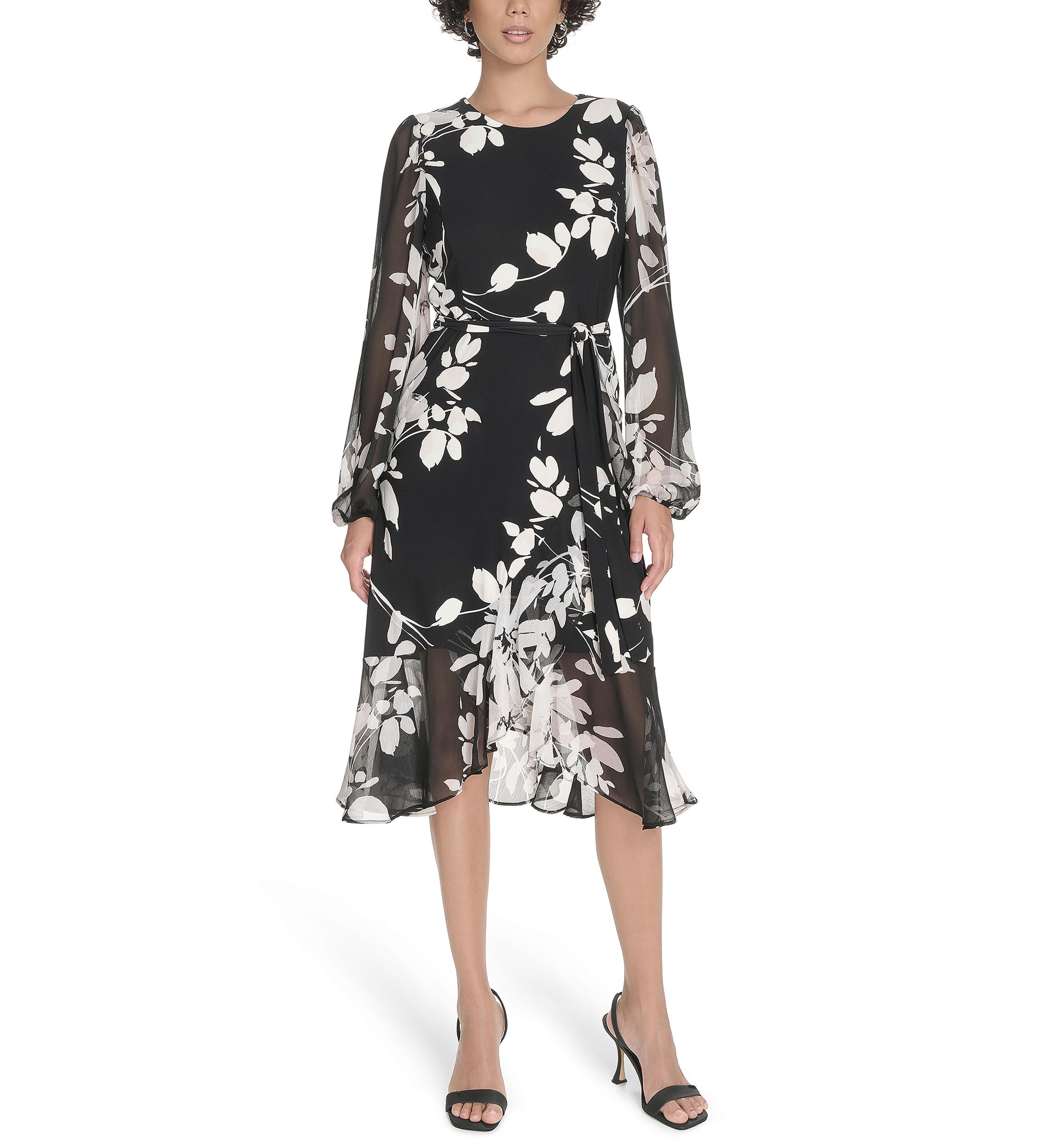 Womens Sheer Long Sleeve Flounce Hem Midi Dress
