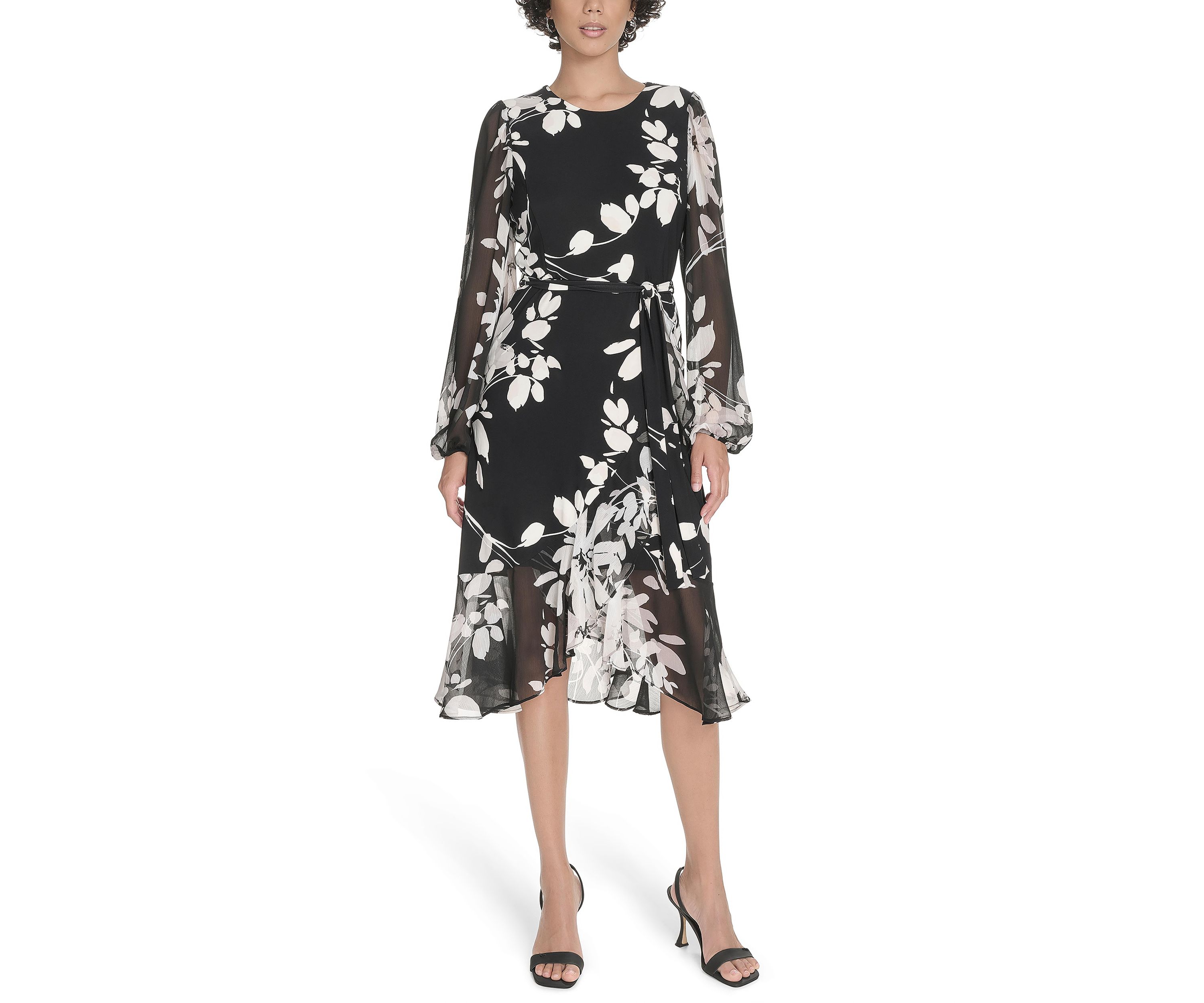 Womens Sheer Long Sleeve Flounce Hem Midi Dress