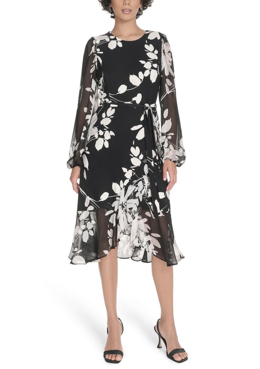 Womens Sheer Long Sleeve Flounce Hem Midi Dress