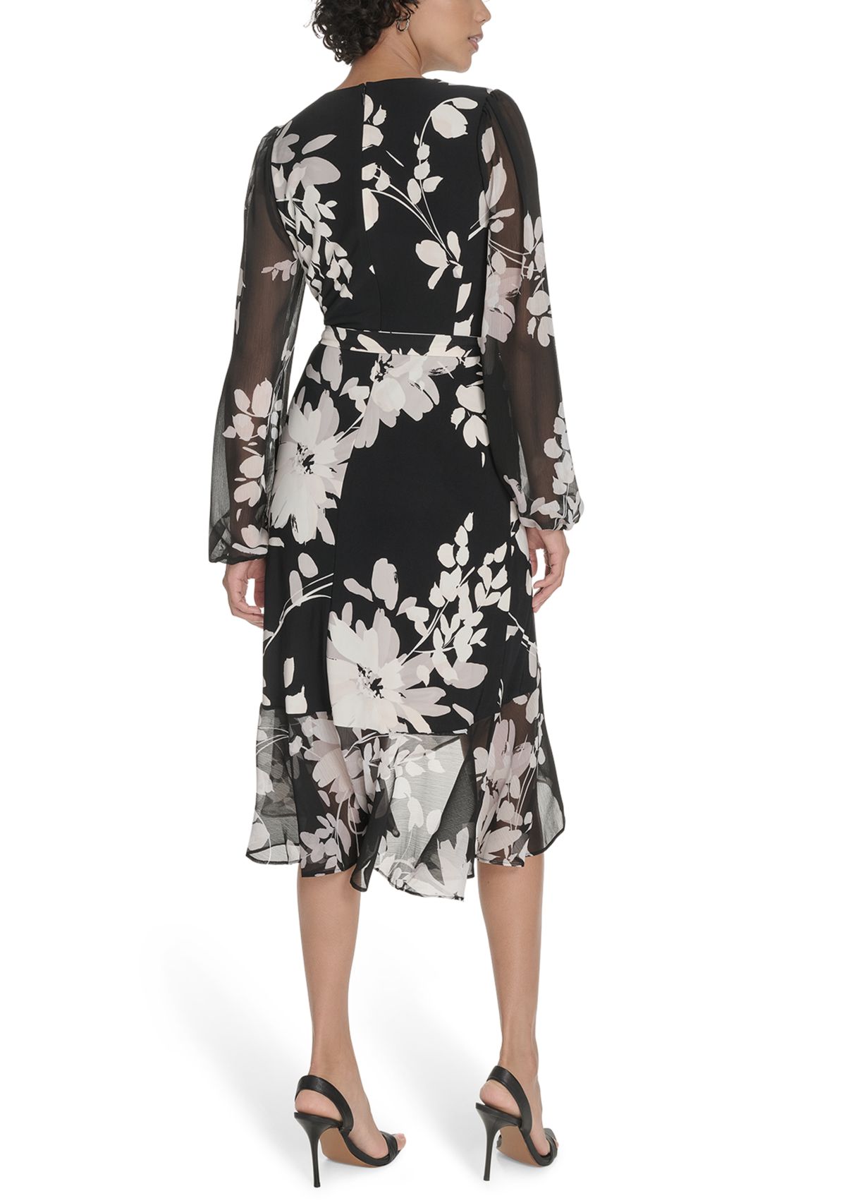 Womens Sheer Long Sleeve Flounce Hem Midi Dress