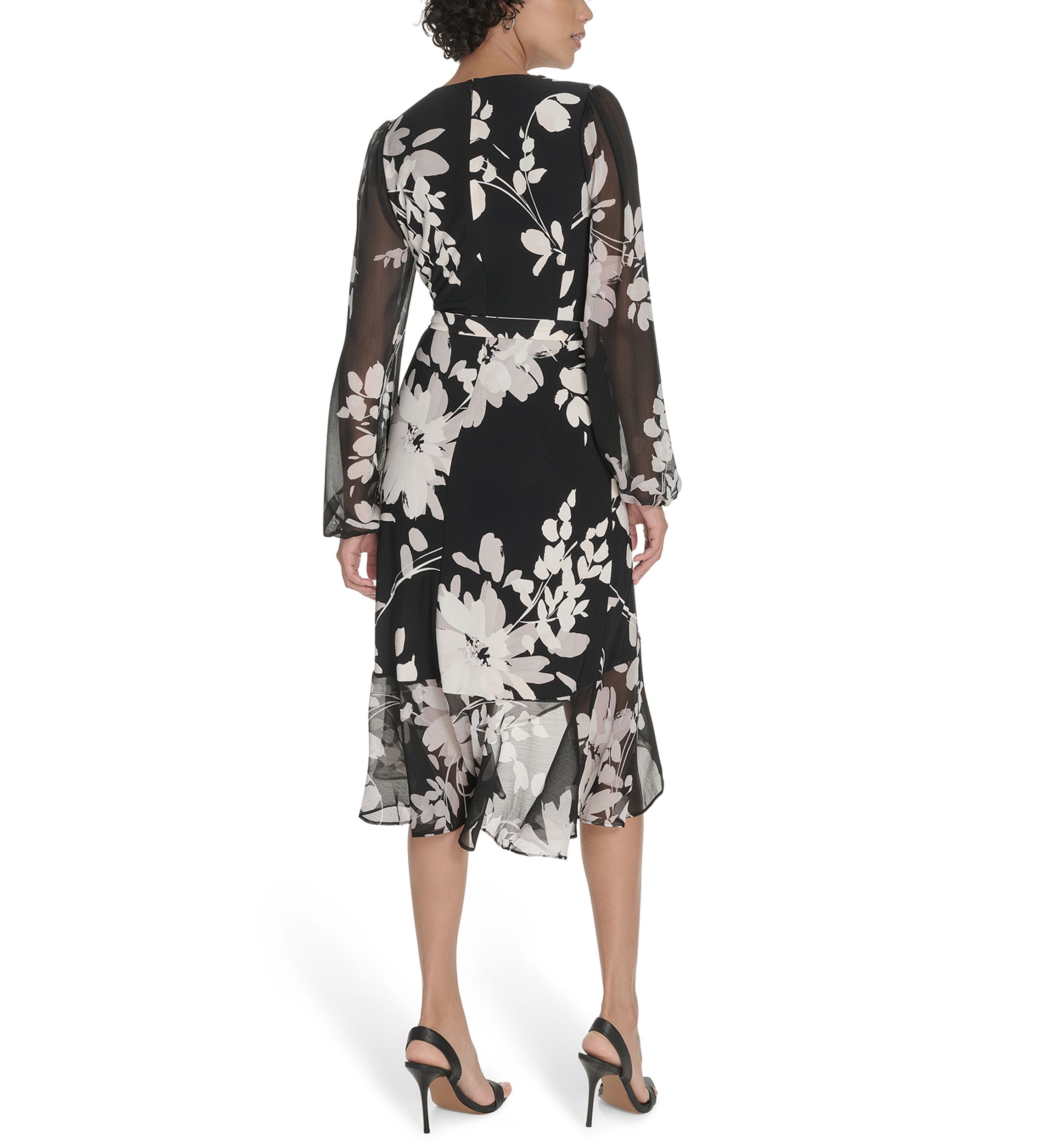 Womens Sheer Long Sleeve Flounce Hem Midi Dress