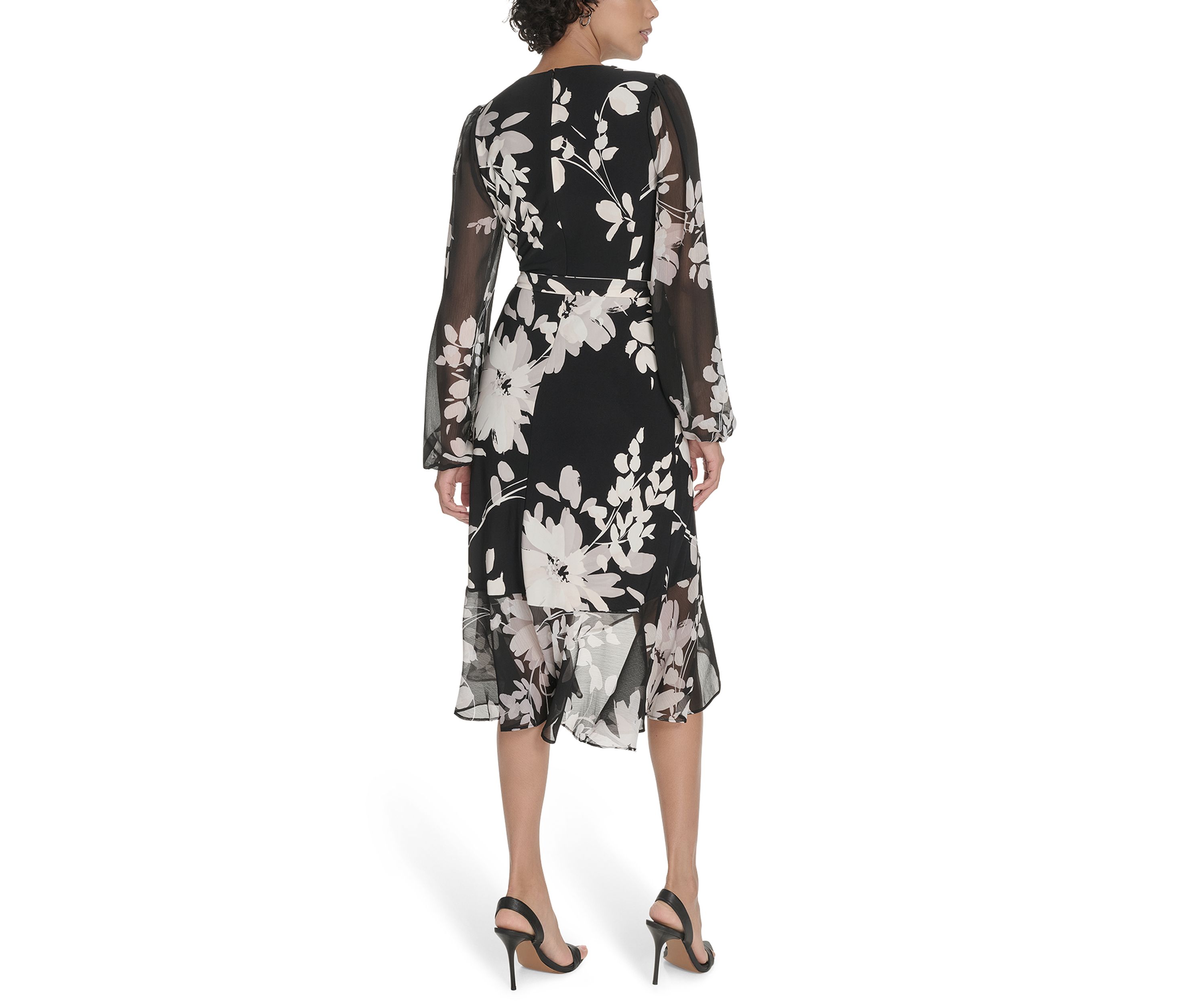 Womens Sheer Long Sleeve Flounce Hem Midi Dress