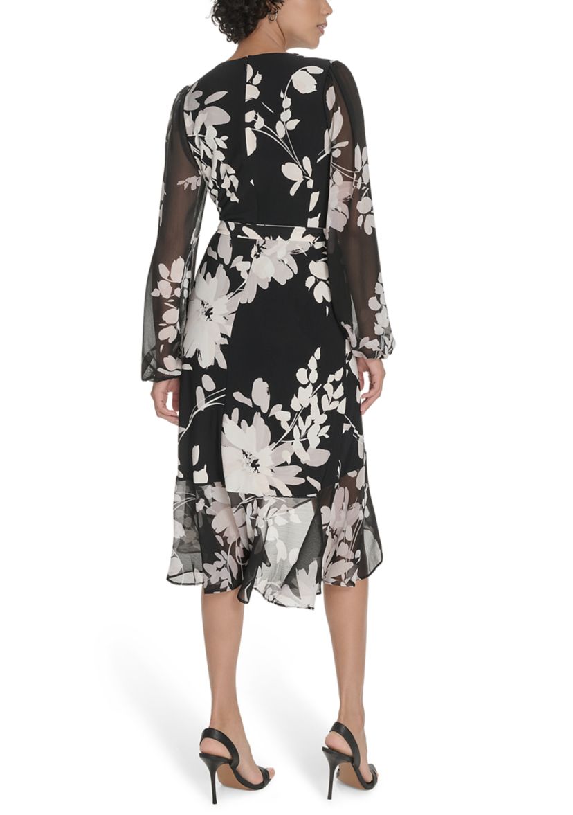 Womens Sheer Long Sleeve Flounce Hem Midi Dress