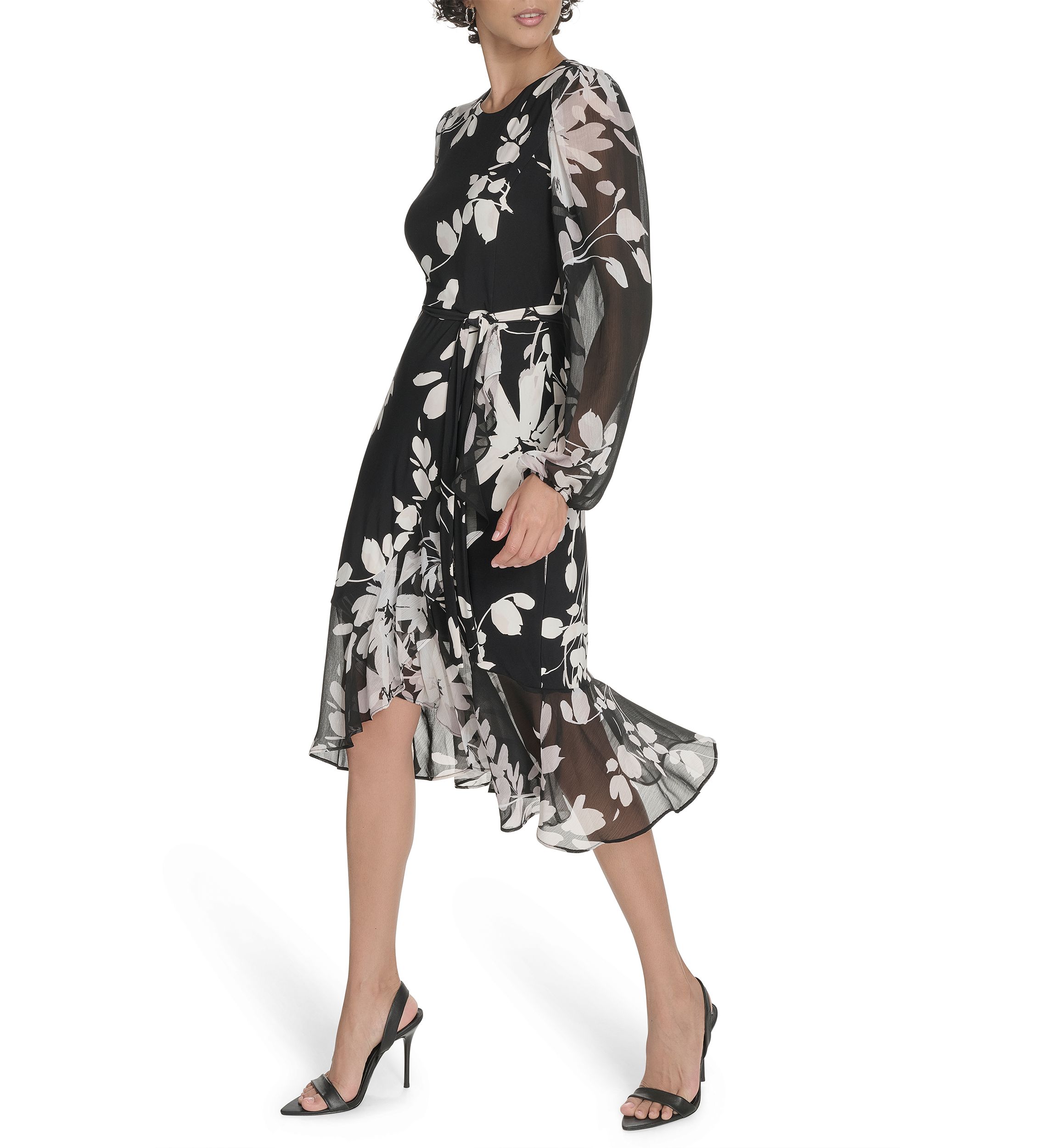 Womens Sheer Long Sleeve Flounce Hem Midi Dress
