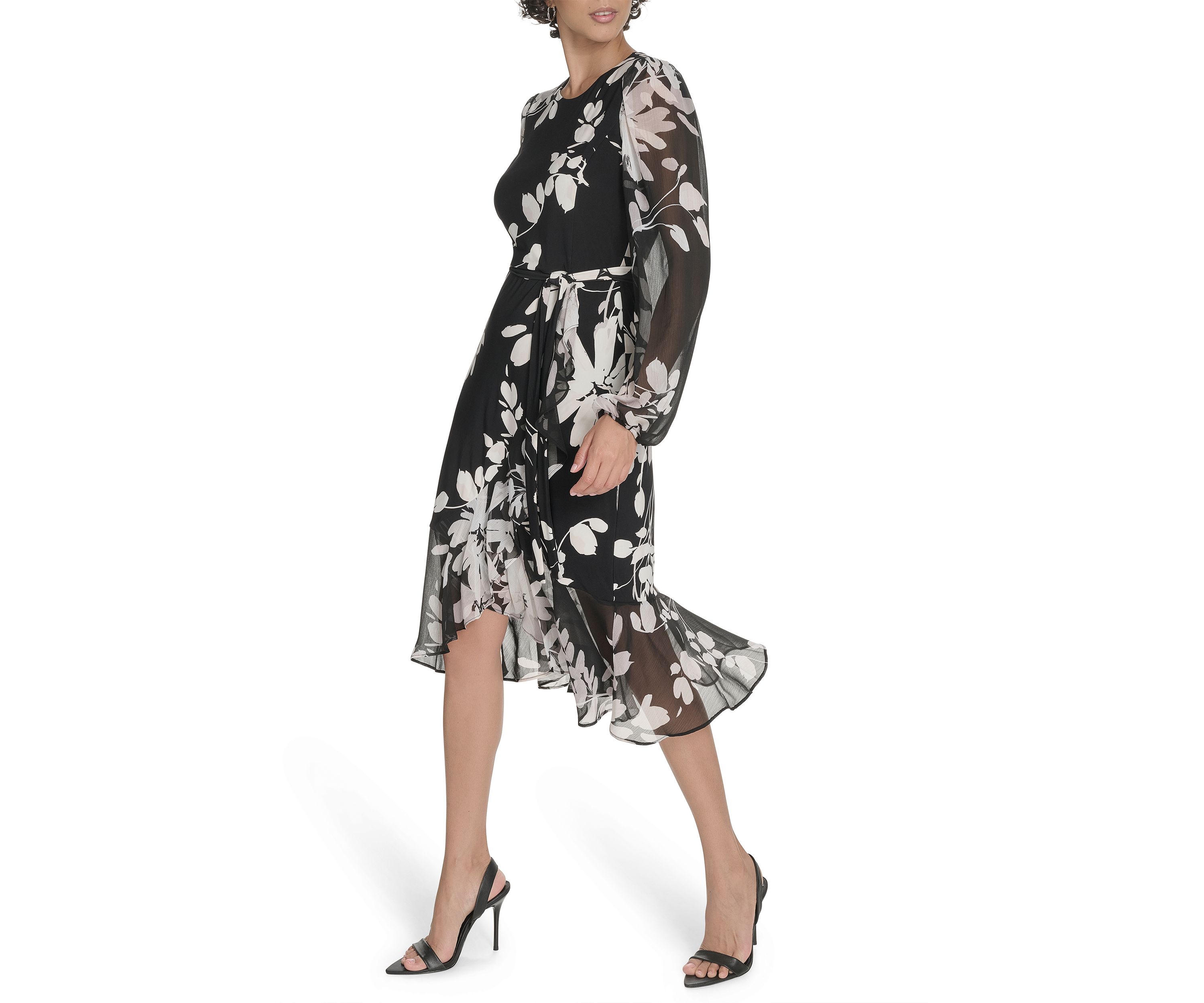 Womens Sheer Long Sleeve Flounce Hem Midi Dress
