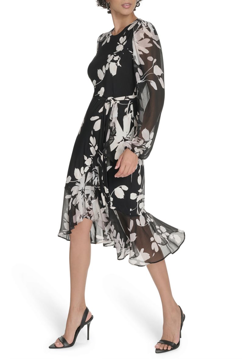 Womens Sheer Long Sleeve Flounce Hem Midi Dress