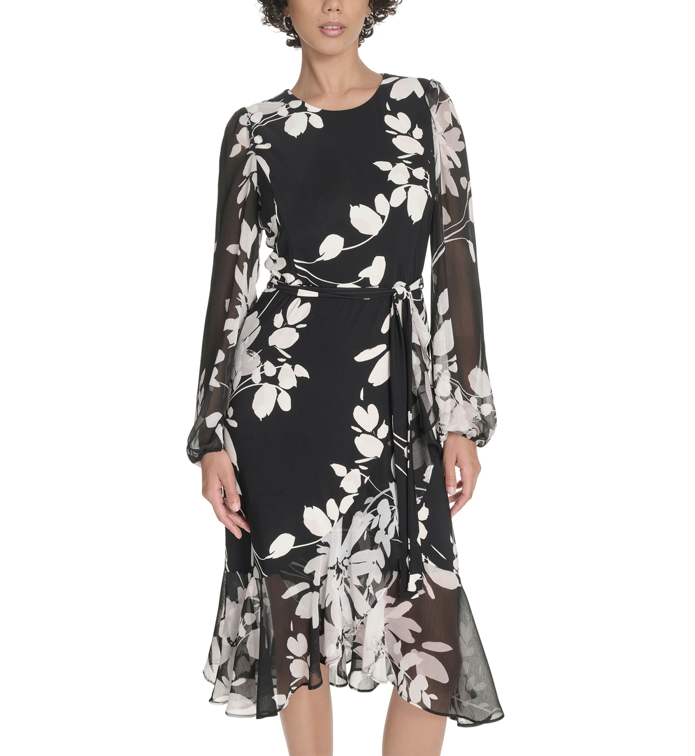 Womens Sheer Long Sleeve Flounce Hem Midi Dress
