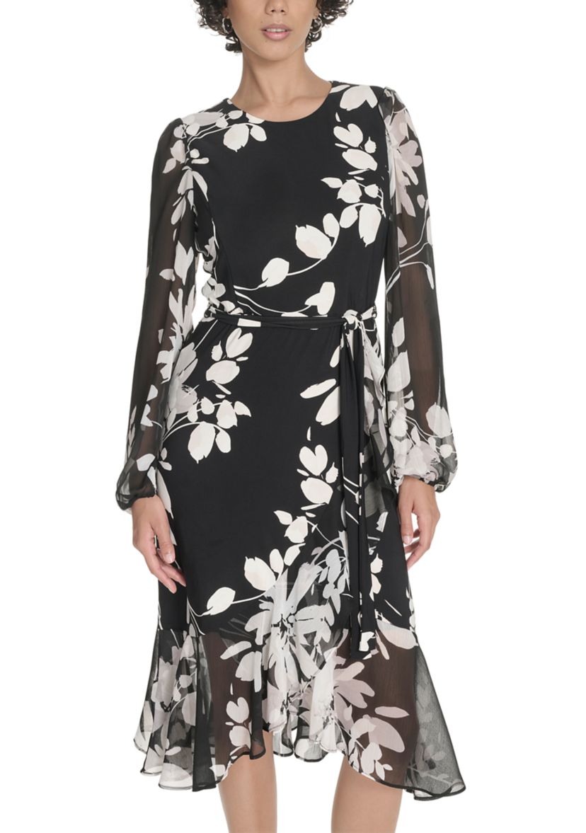 Womens Sheer Long Sleeve Flounce Hem Midi Dress