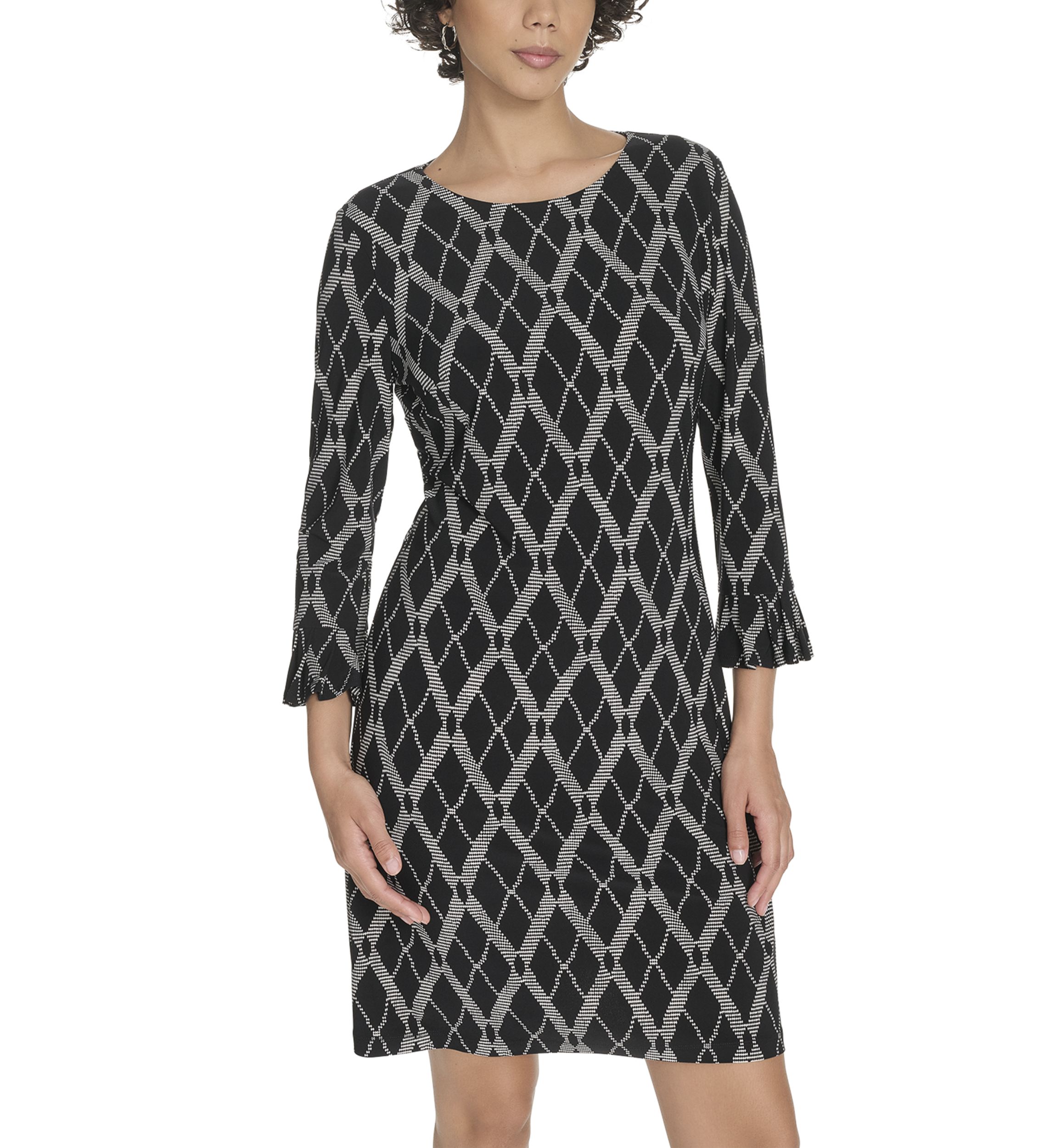 Womens 3/4 Sleeve Length Pleated Shift Dress 