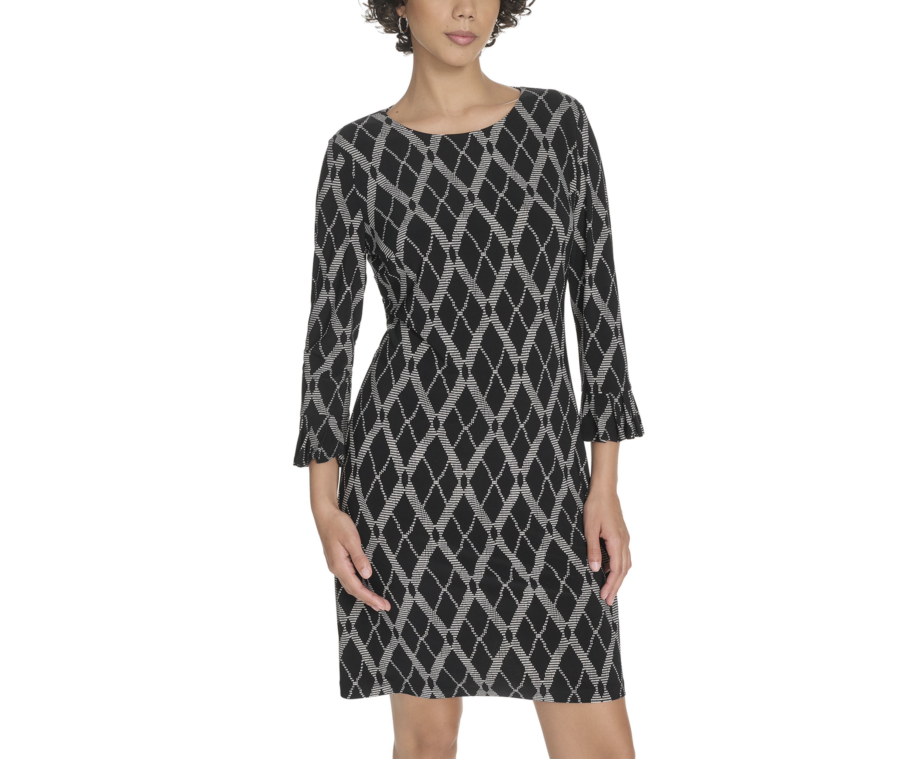 Womens 3/4 Sleeve Length Pleated Shift Dress 