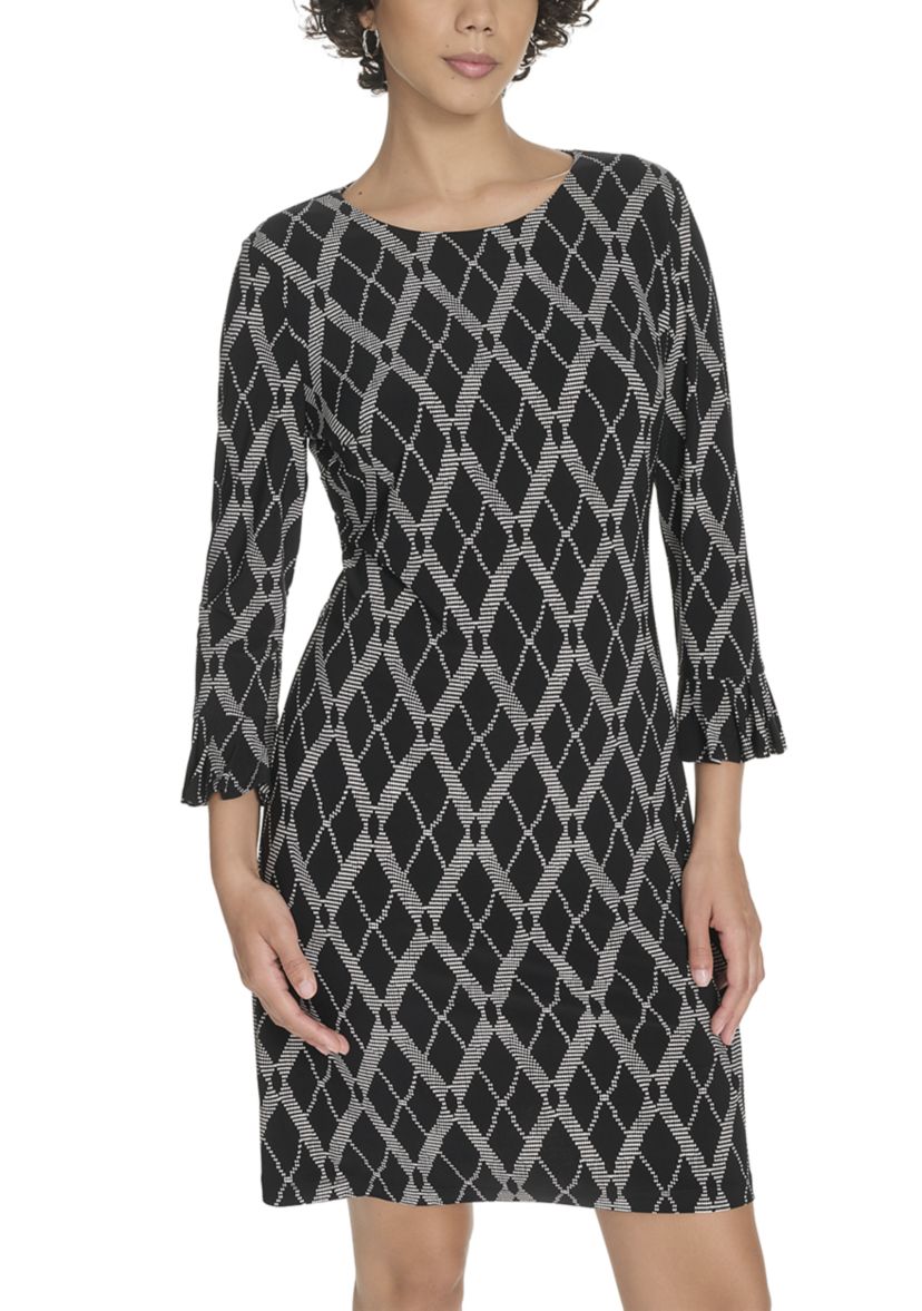 Womens 3/4 Sleeve Length Pleated Shift Dress 