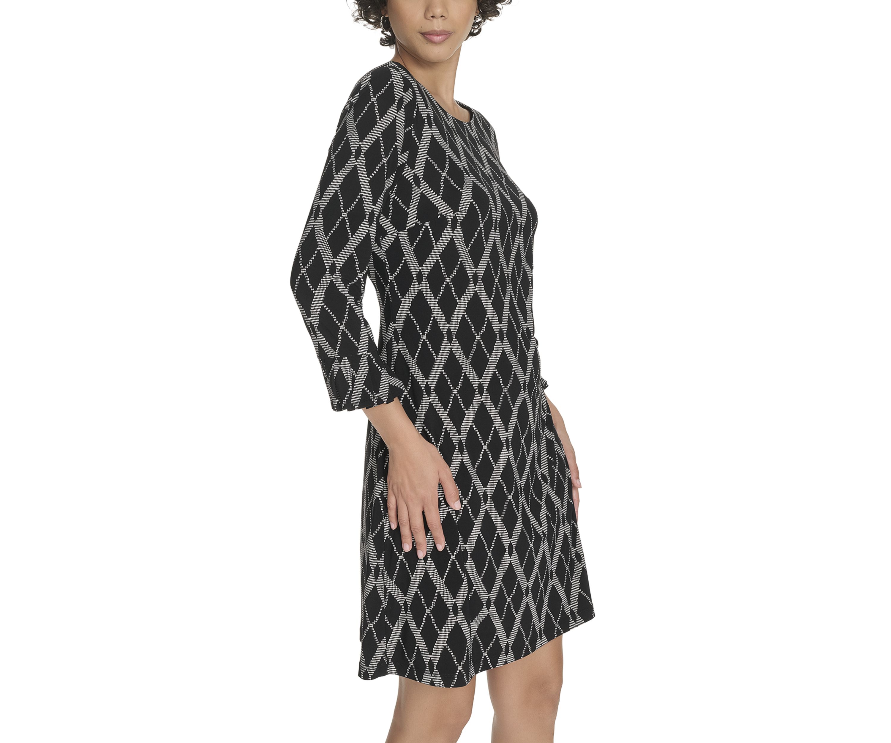 Womens 3/4 Sleeve Length Pleated Shift Dress 