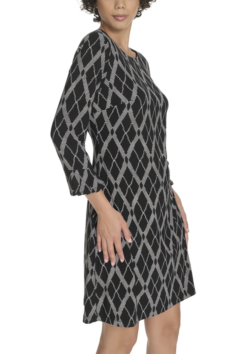Womens 3/4 Sleeve Length Pleated Shift Dress 