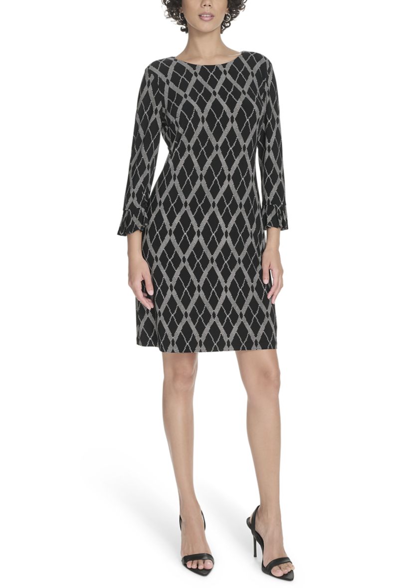 Womens 3/4 Sleeve Length Pleated Shift Dress 