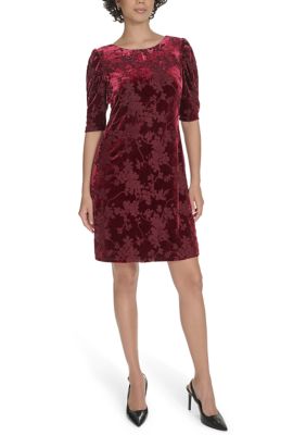 Tommy Hilfiger Women's Ruched Short Sleeve Velvet Shift Dress, Red, 2