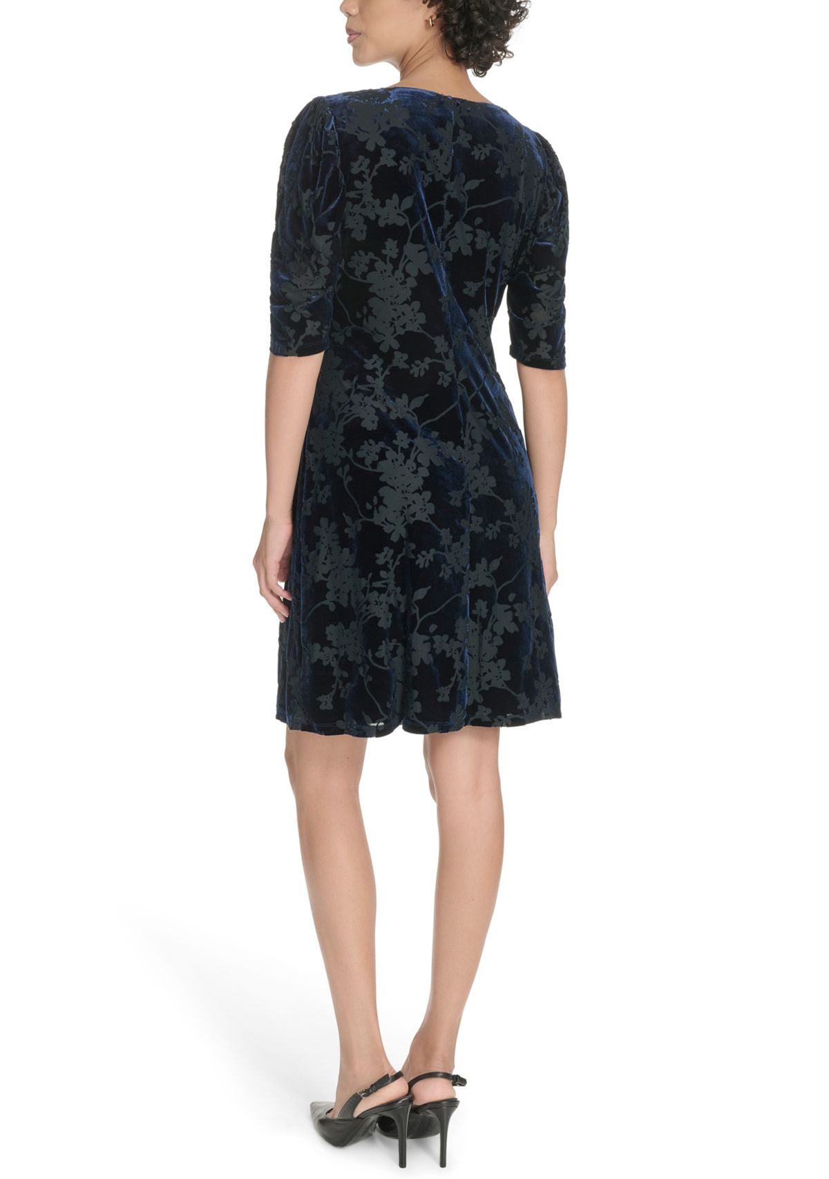 Womens Ruched Short Sleeve Velvet Shift Dress