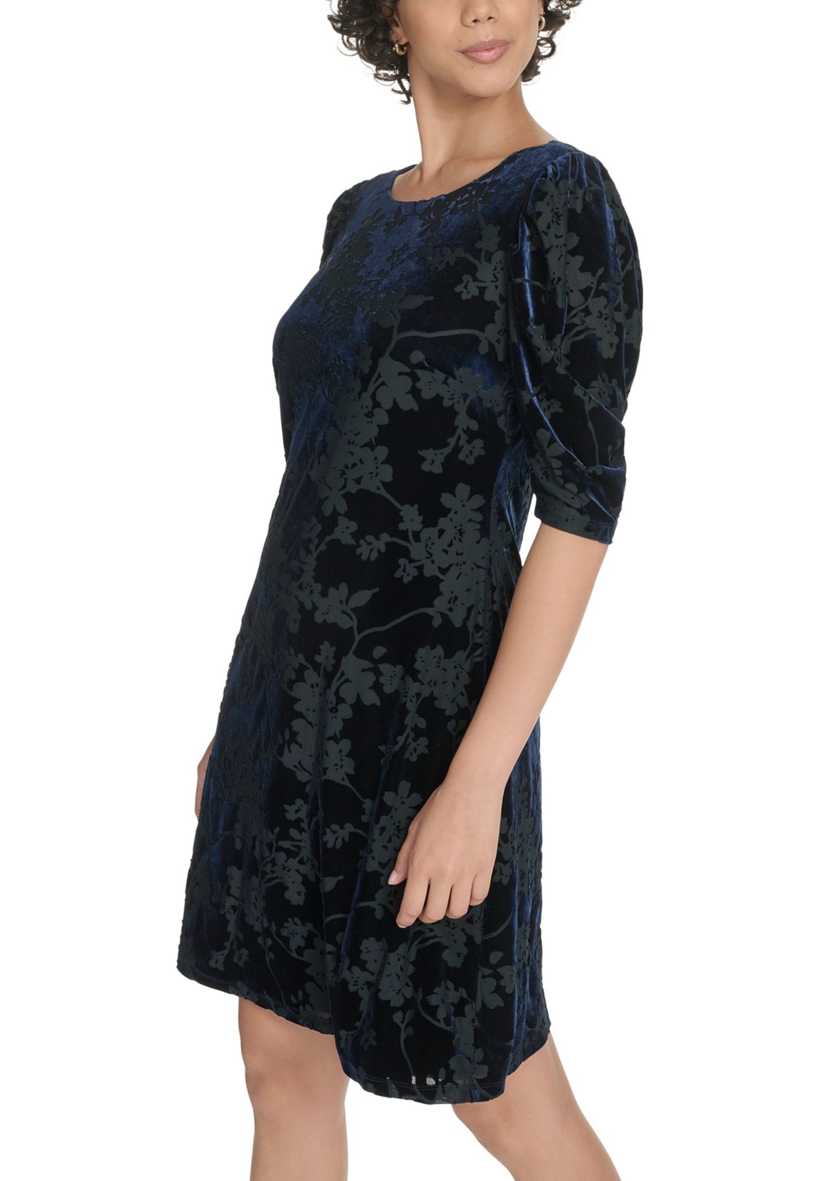 Womens Ruched Short Sleeve Velvet Shift Dress