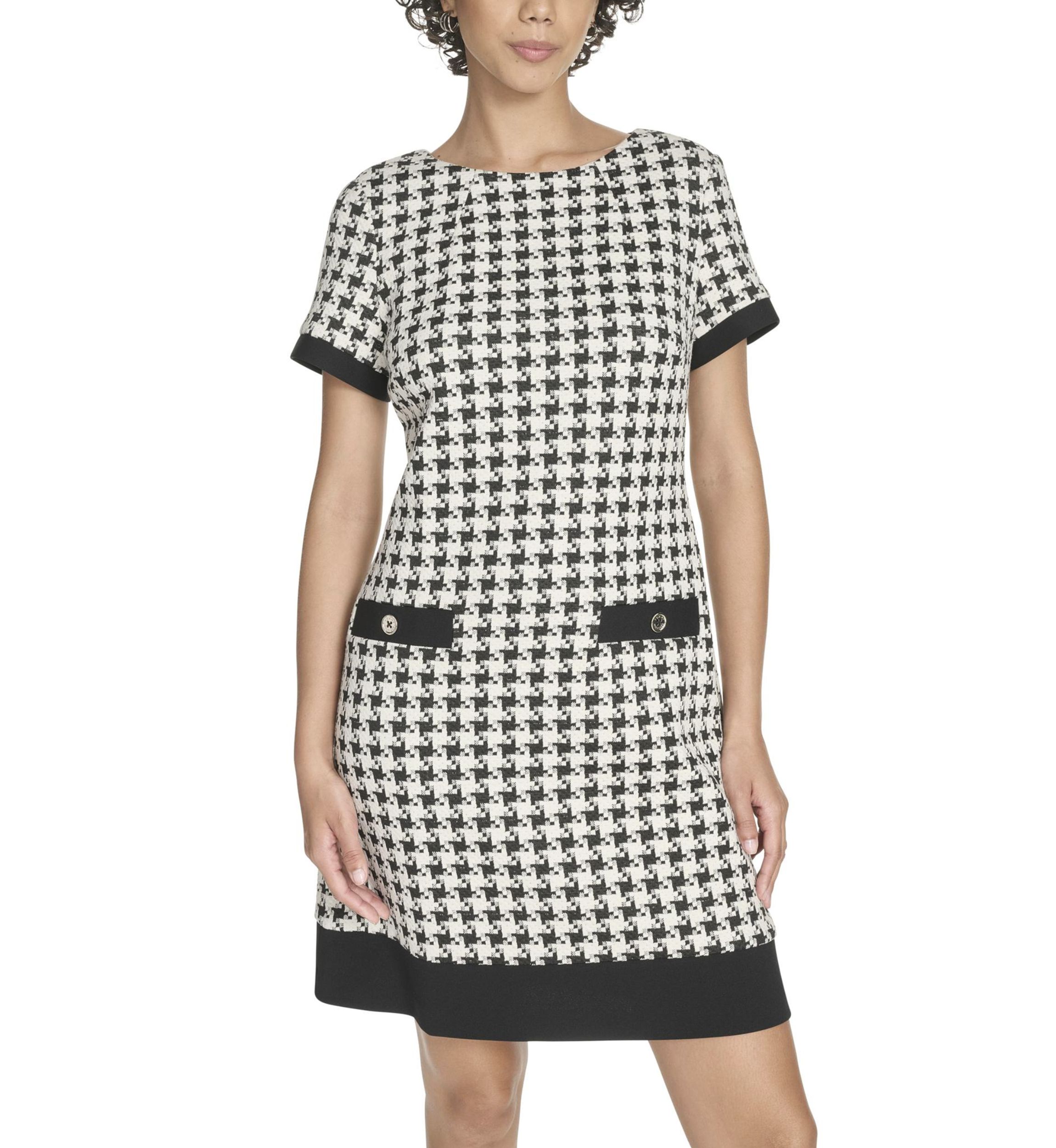 Womens Short Sleeve Houndstooth Shift Dress 