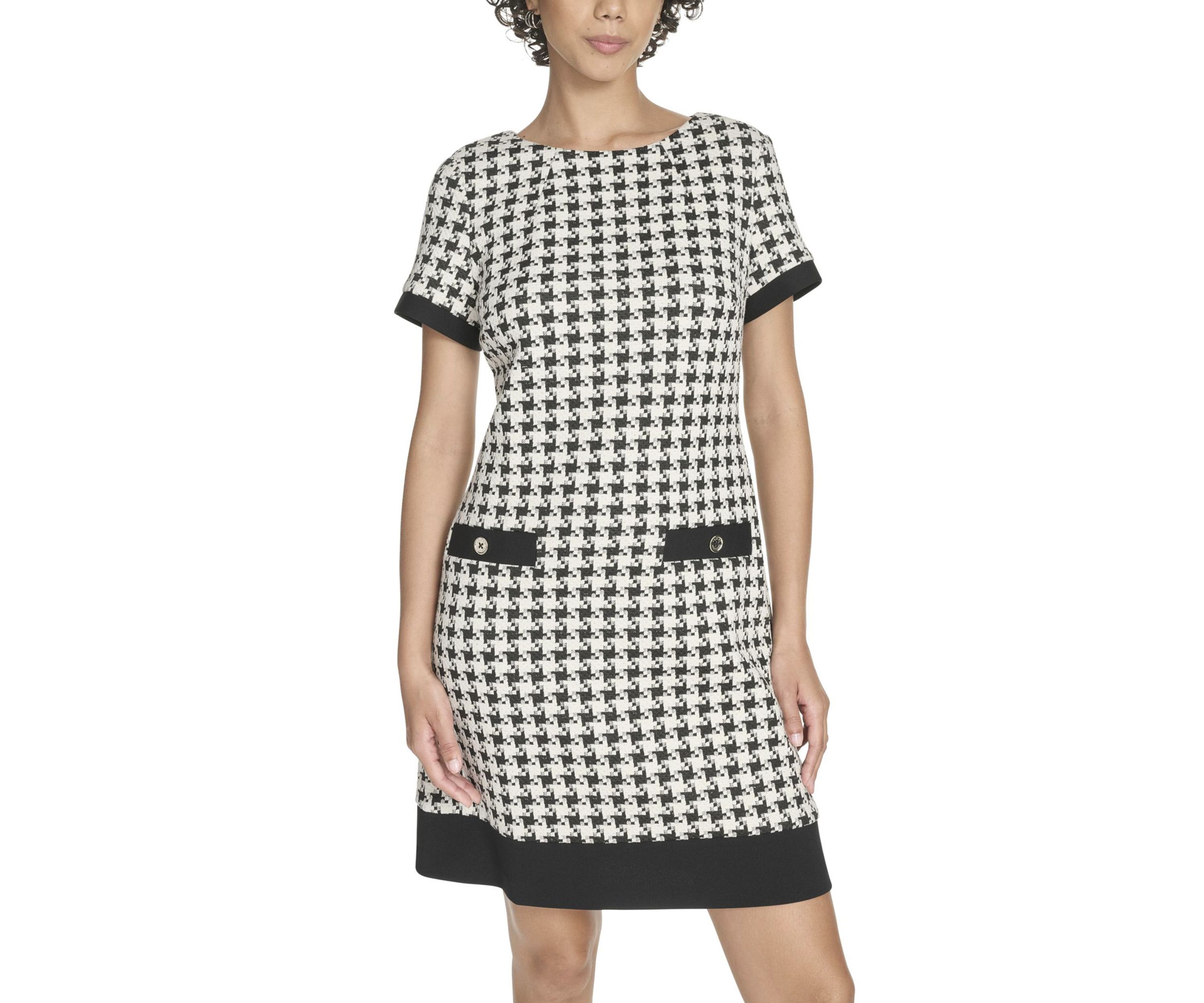 Womens Short Sleeve Houndstooth Shift Dress 