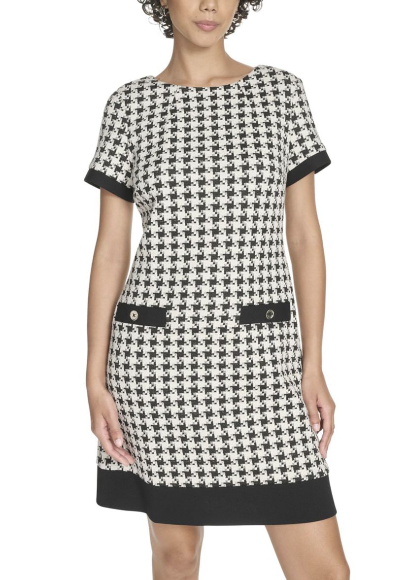 Womens Short Sleeve Houndstooth Shift Dress 