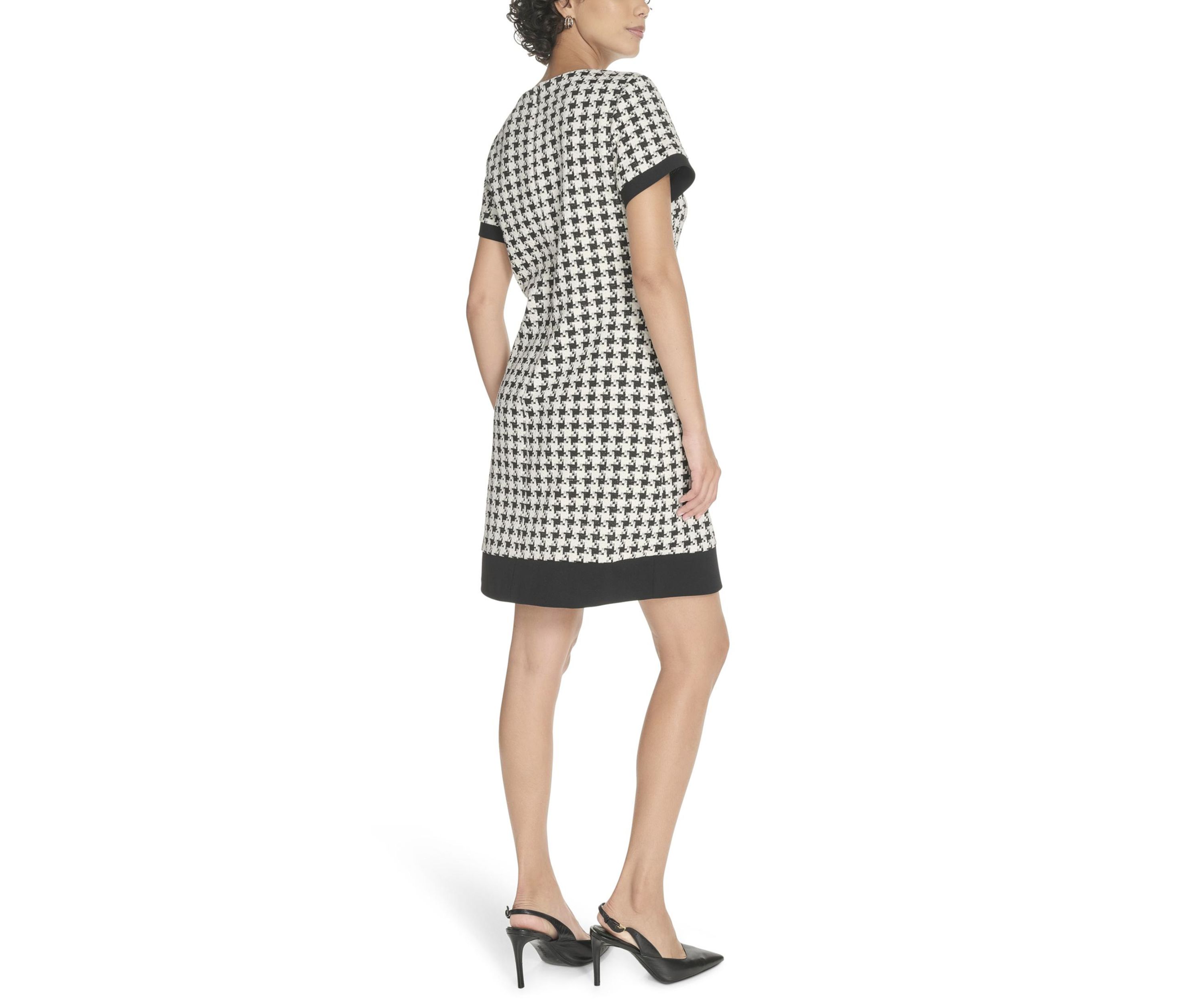 Womens Short Sleeve Houndstooth Shift Dress 