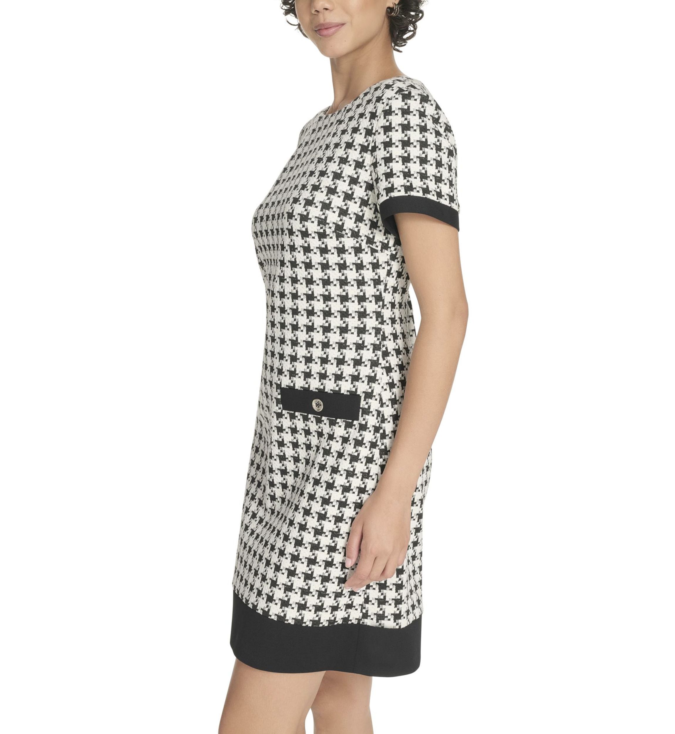 Womens Short Sleeve Houndstooth Shift Dress 