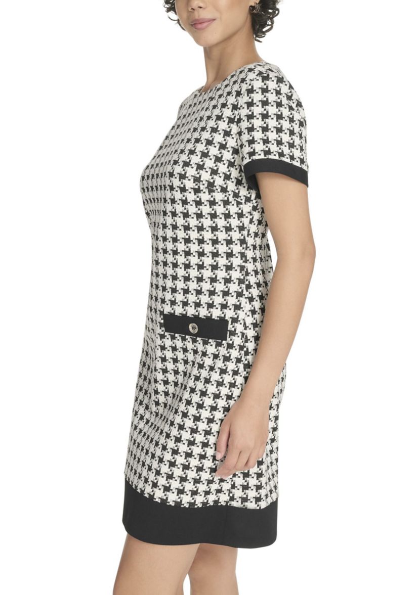 Womens Short Sleeve Houndstooth Shift Dress 