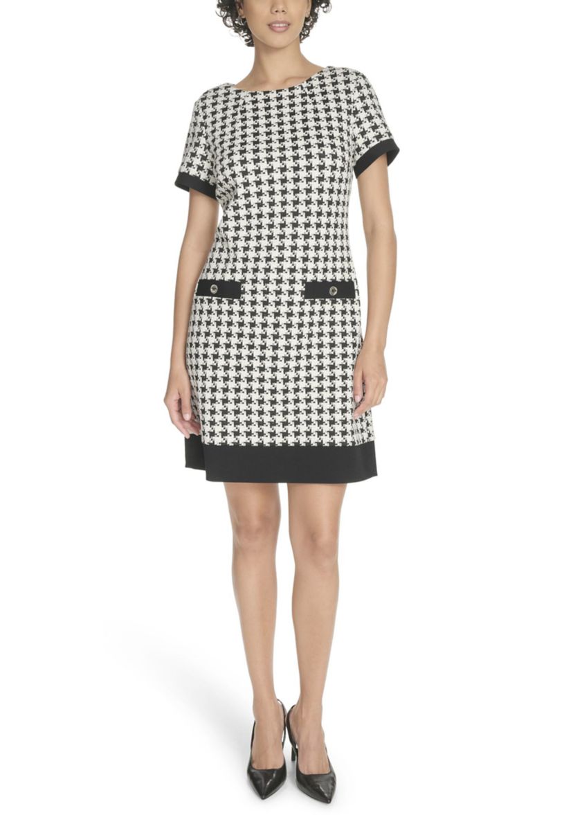 Womens Short Sleeve Houndstooth Shift Dress 