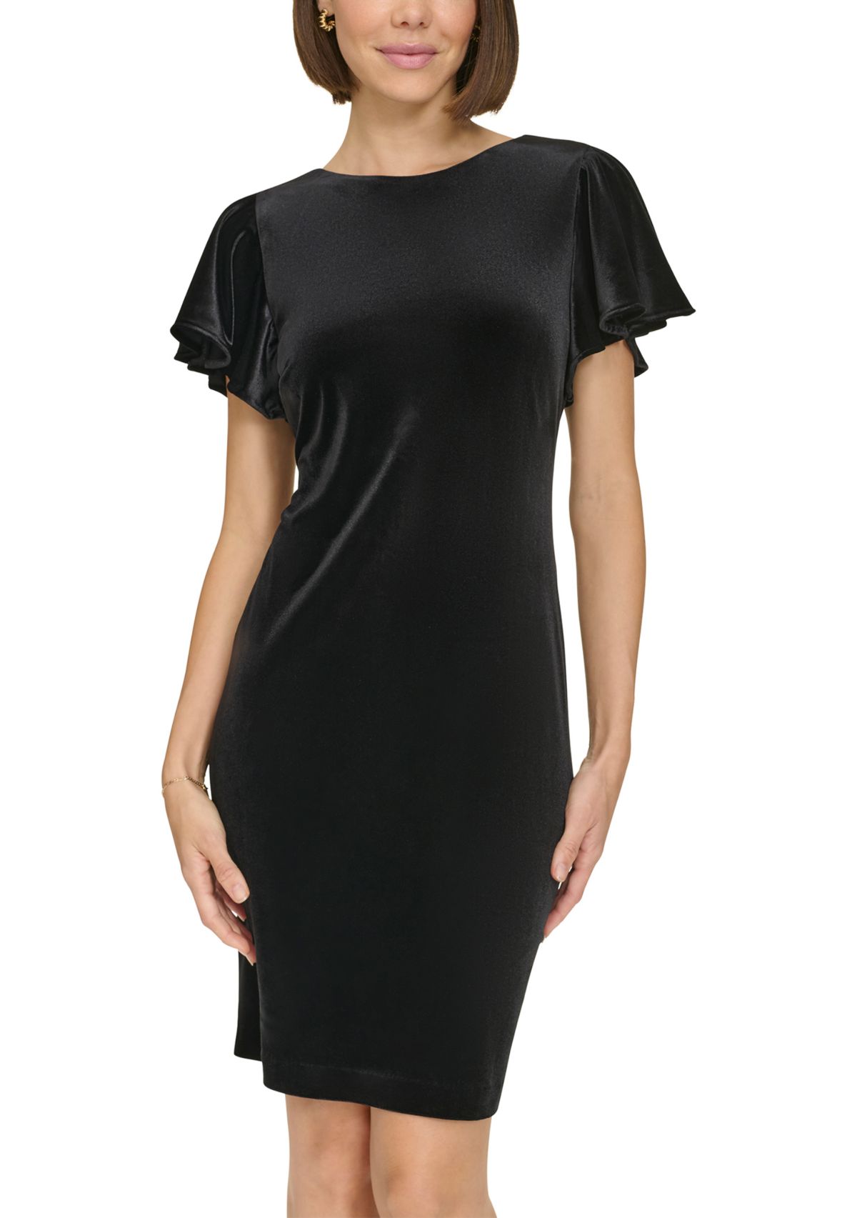 Womens Flutter Sleeve Velvet Shift Dress