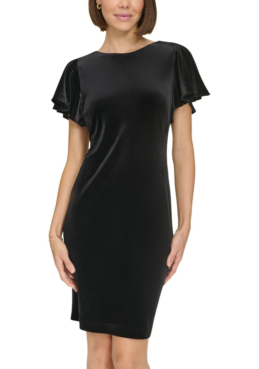 Womens Flutter Sleeve Velvet Shift Dress