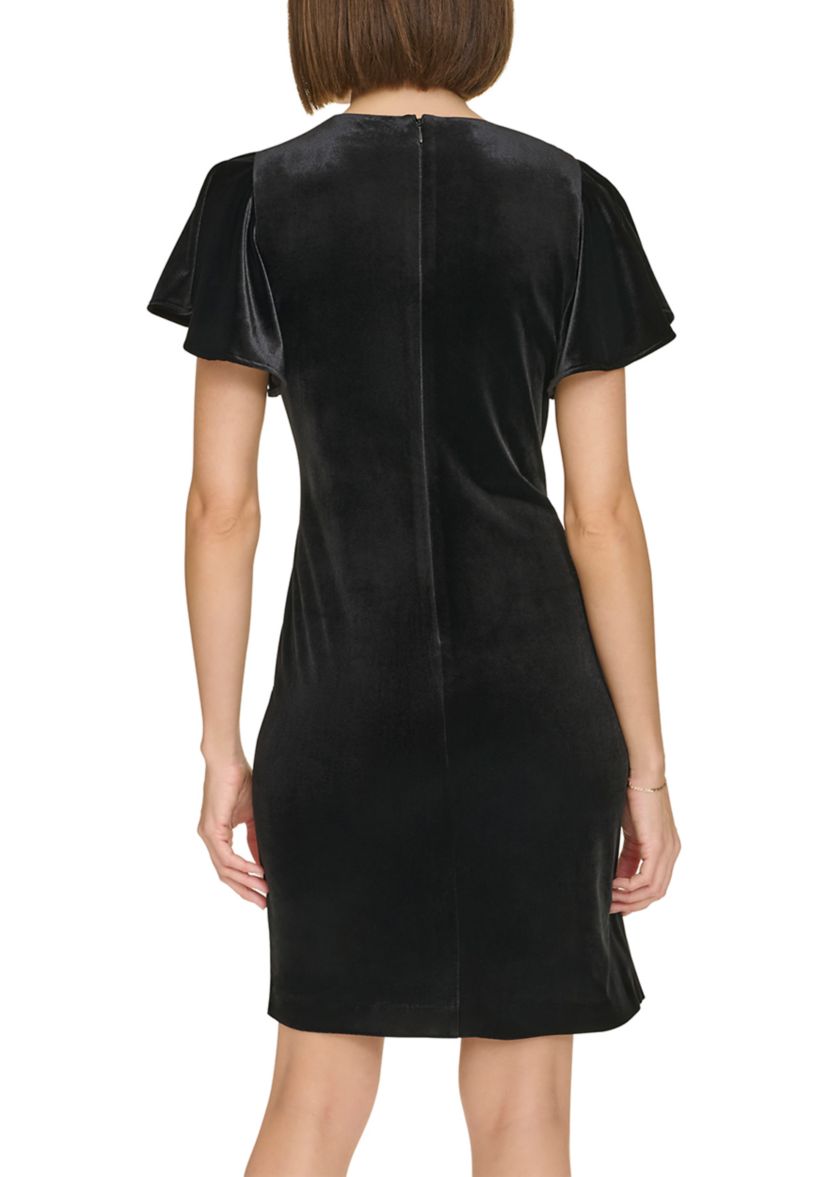Womens Flutter Sleeve Velvet Shift Dress