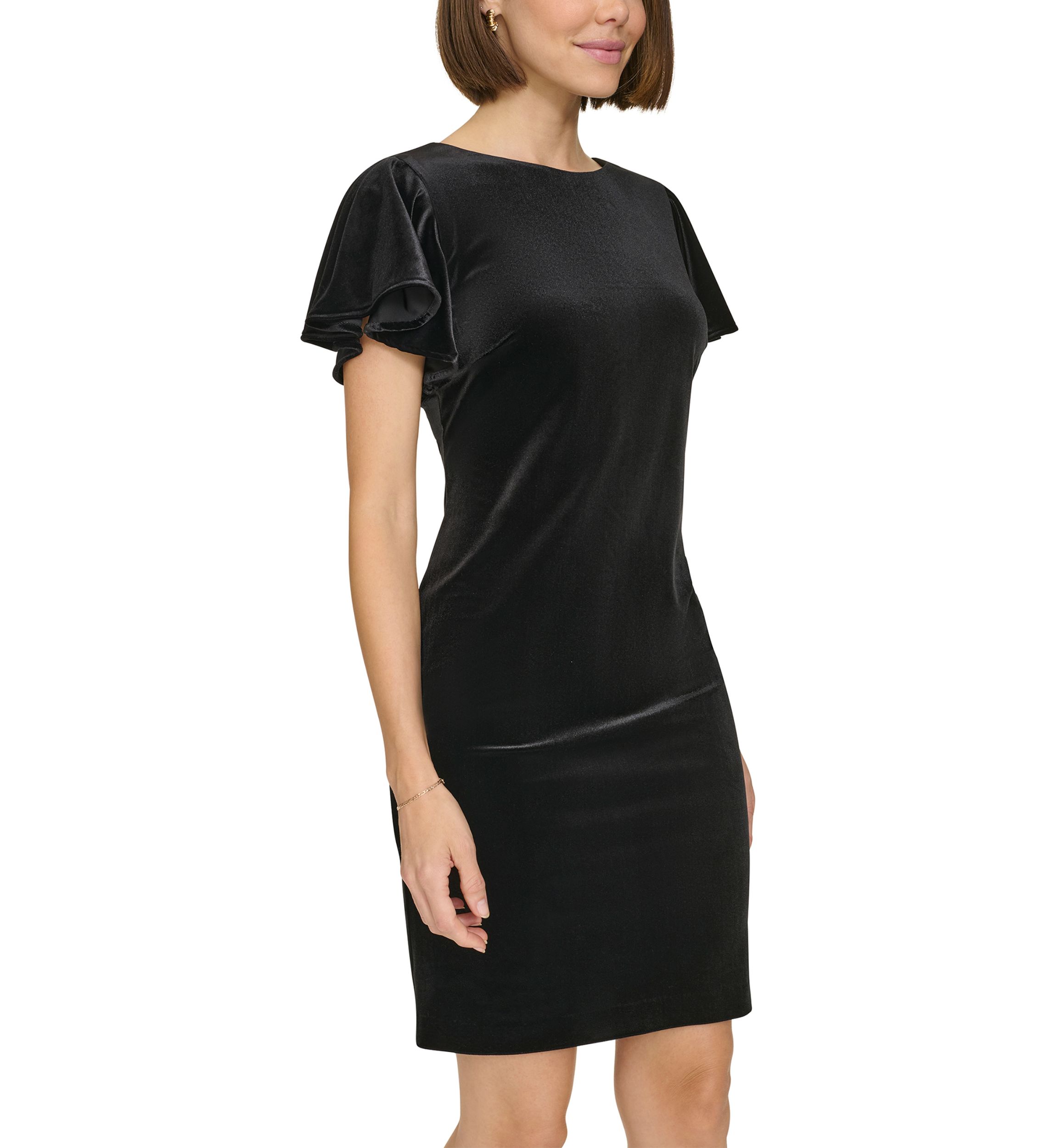 Womens Flutter Sleeve Velvet Shift Dress