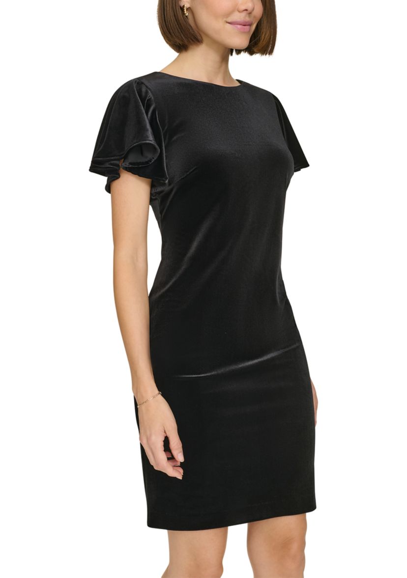 Womens Flutter Sleeve Velvet Shift Dress