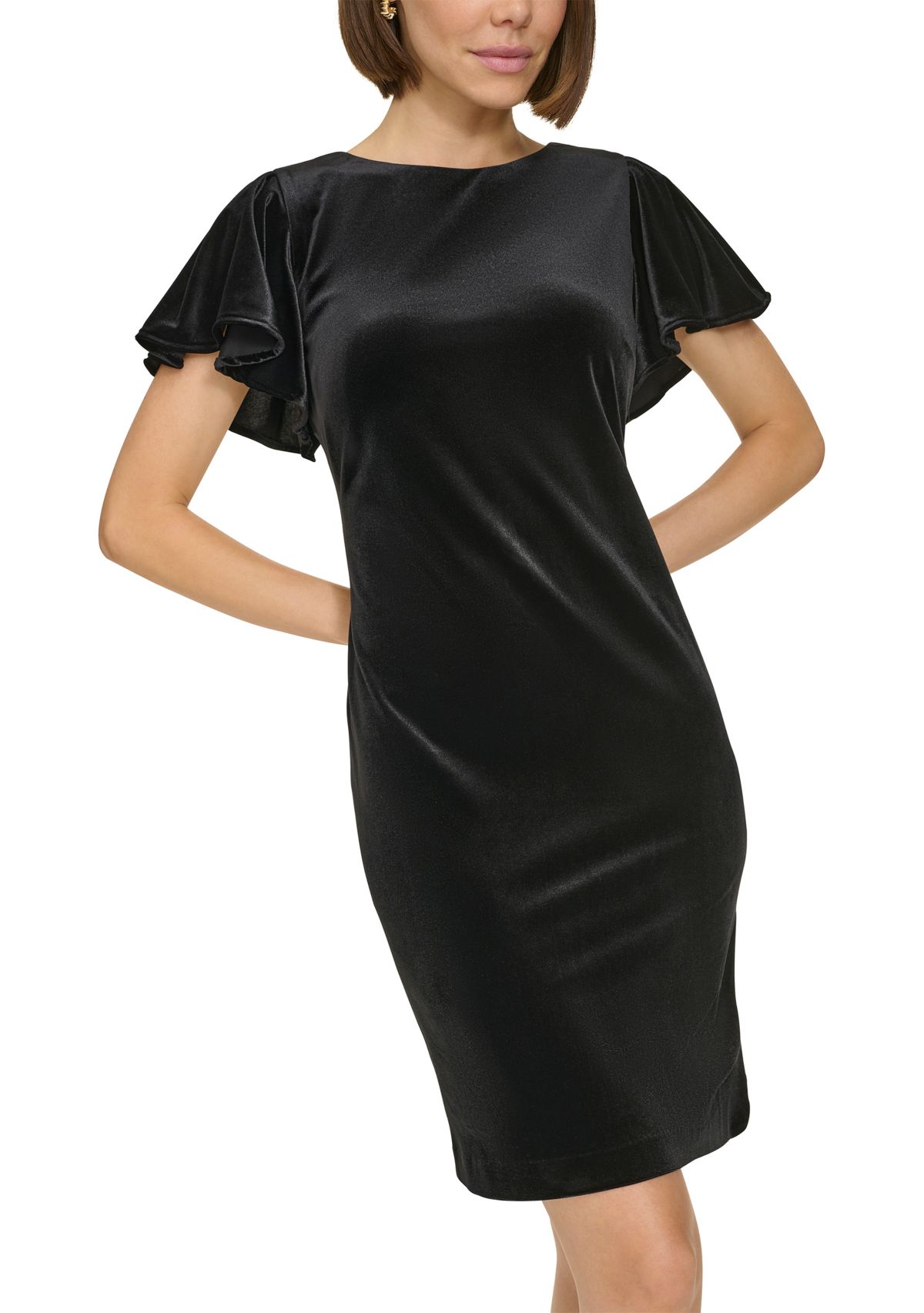 Womens Flutter Sleeve Velvet Shift Dress